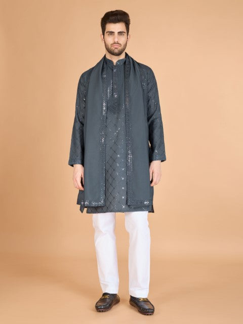 Grey Viscose Silk Thread & Sequins Kurta with Dupatta