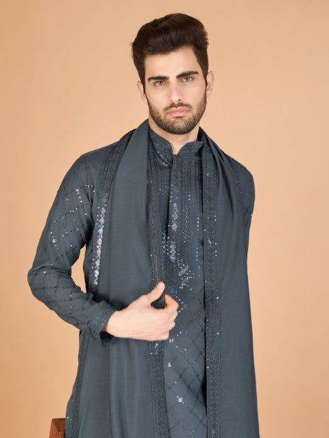 Grey Viscose Silk Thread & Sequins Kurta with Dupatta