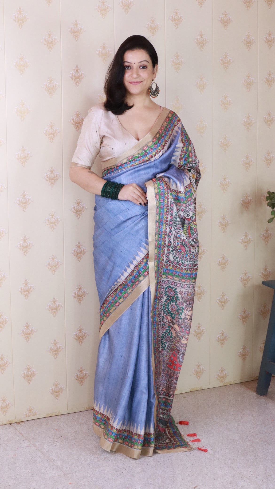 Grey Woven Jari Border Designer Madhubani Digital Printed Ethnic Tussar Silk Saree