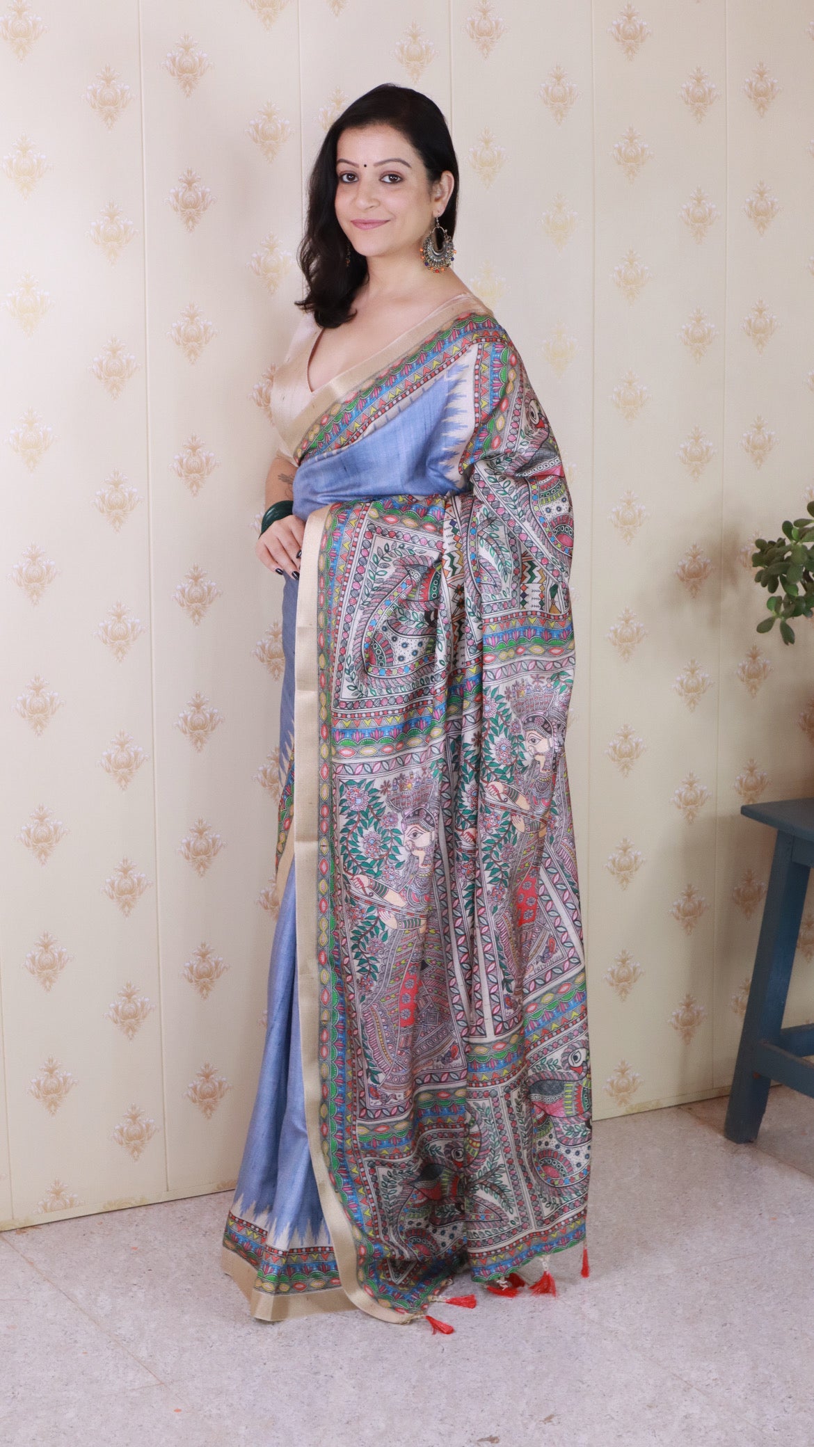 Grey Woven Jari Border Designer Madhubani Digital Printed Ethnic Tussar Silk Saree