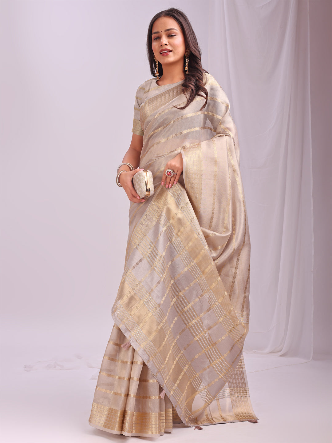 Grey Woven Zari Designer Ethnic Organza Saree