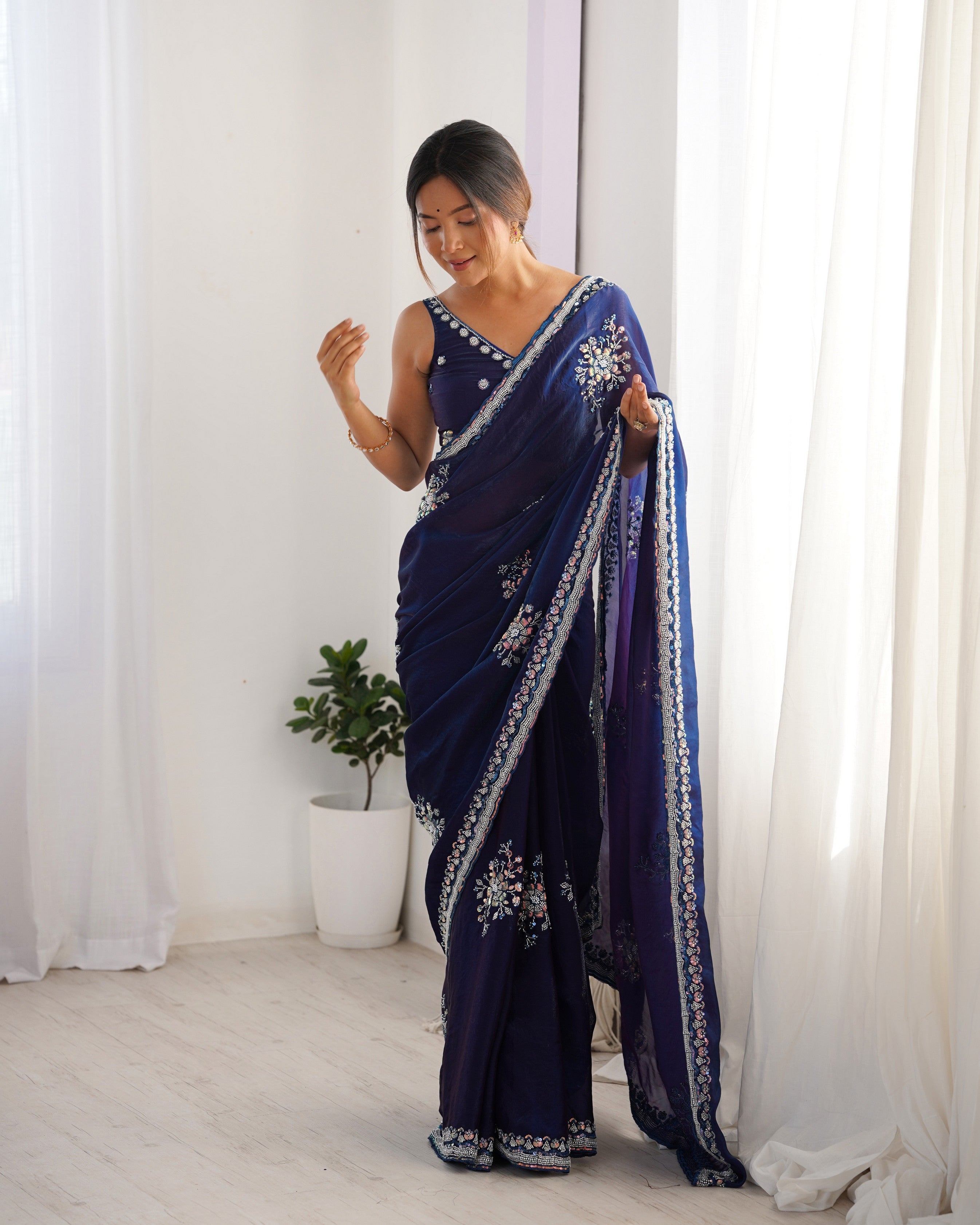 Heavy Designer Beads Hand Work Blue Fendy Satin Heavy Partywear Saree