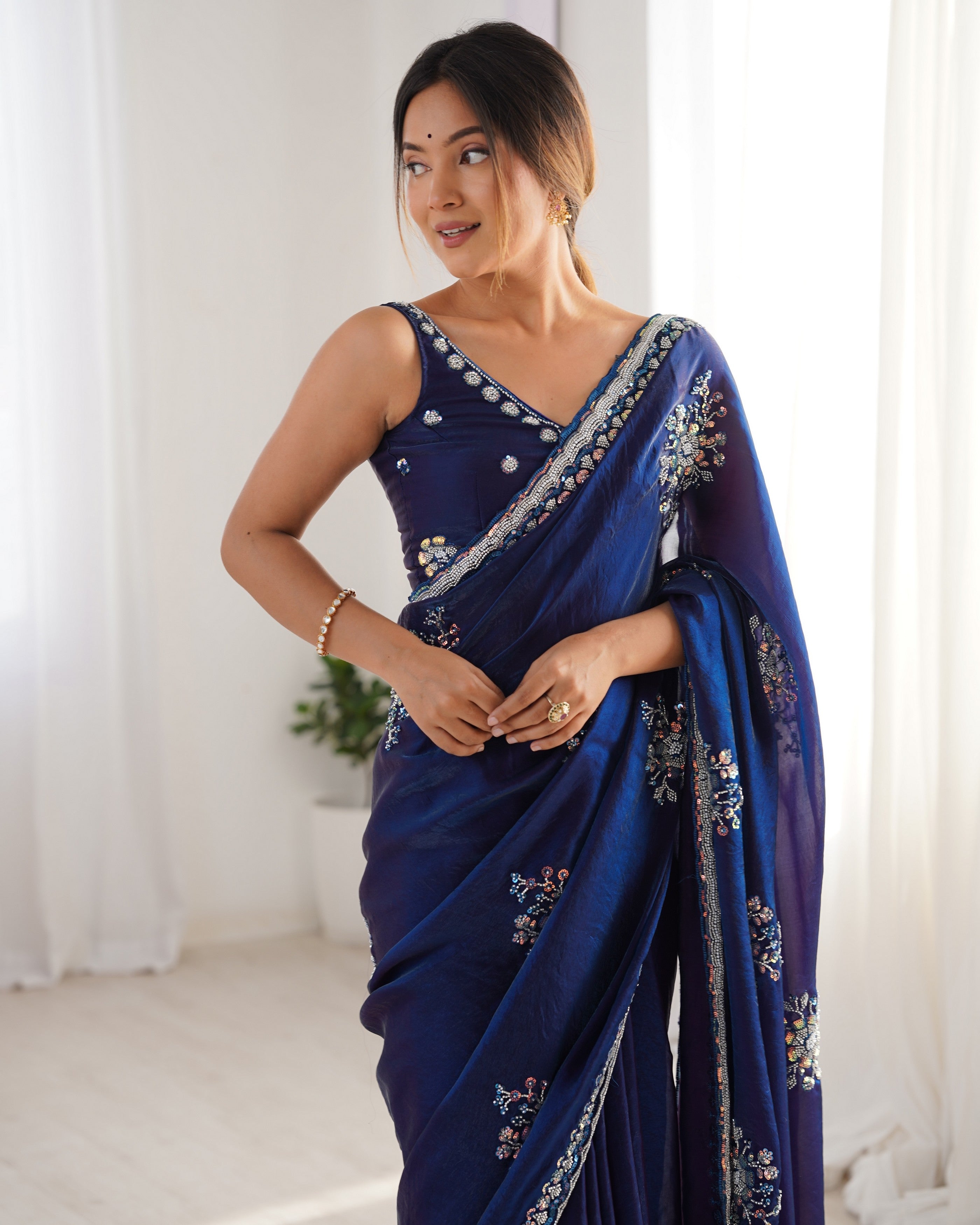Heavy Designer Beads Hand Work Blue Fendy Satin Heavy Partywear Saree
