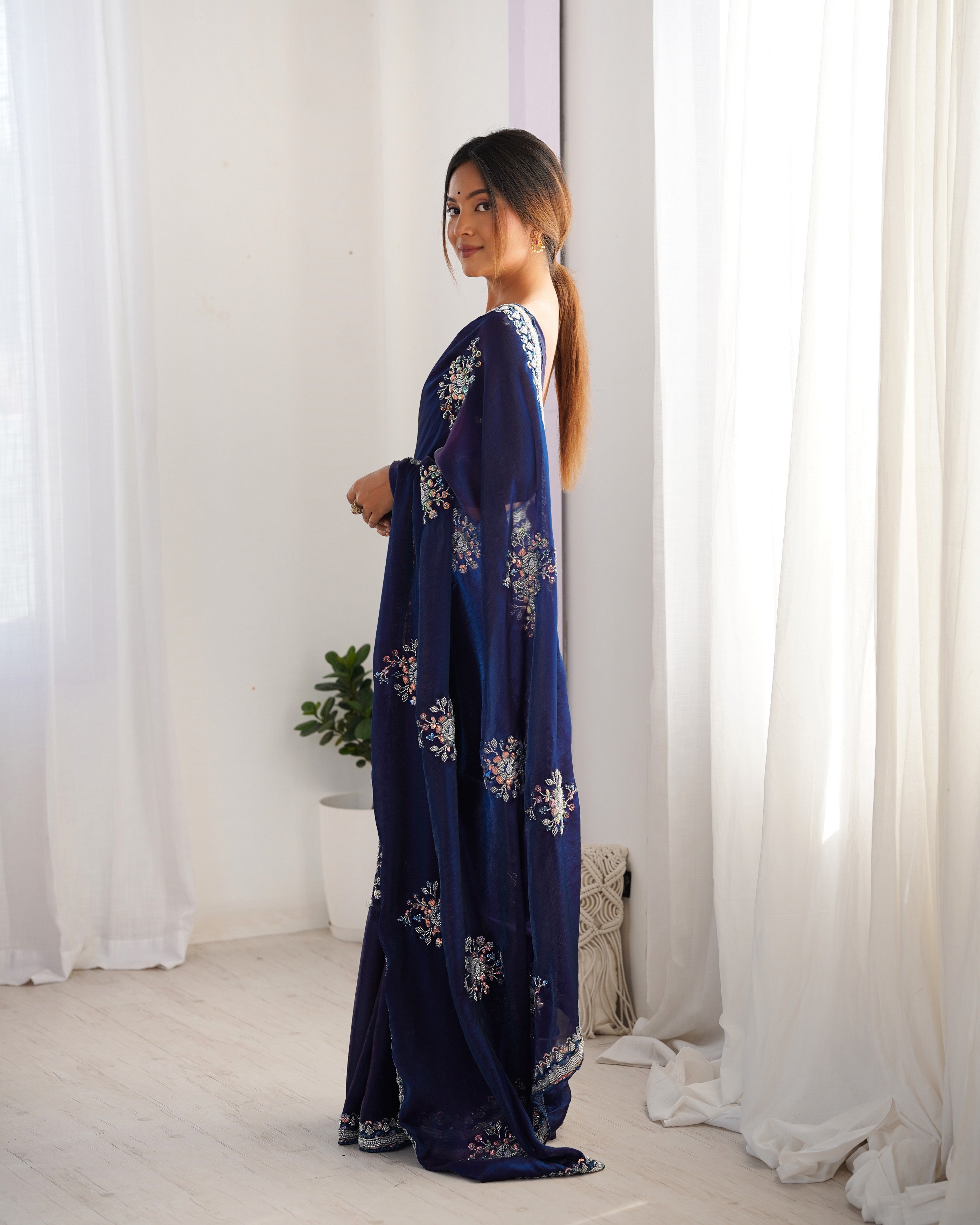 Heavy Designer Beads Hand Work Blue Fendy Satin Heavy Partywear Saree