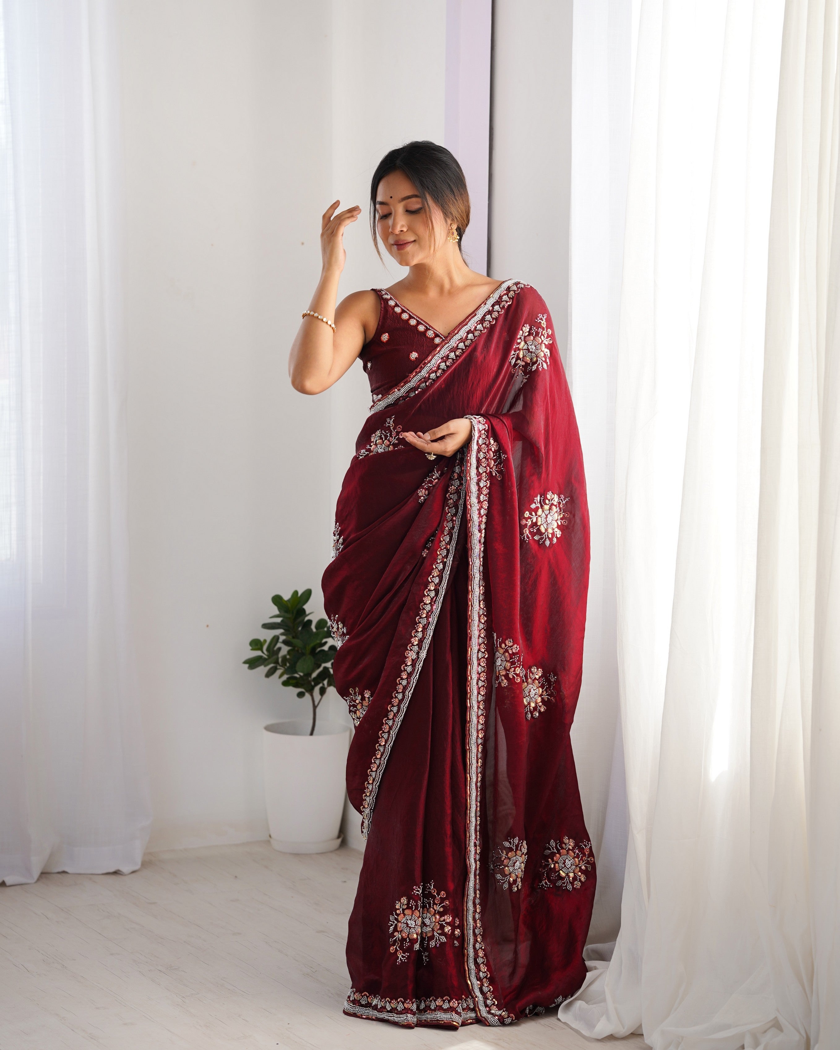 Heavy Designer Beads Hand Work Wine Fendy Satin Heavy Partywear Saree