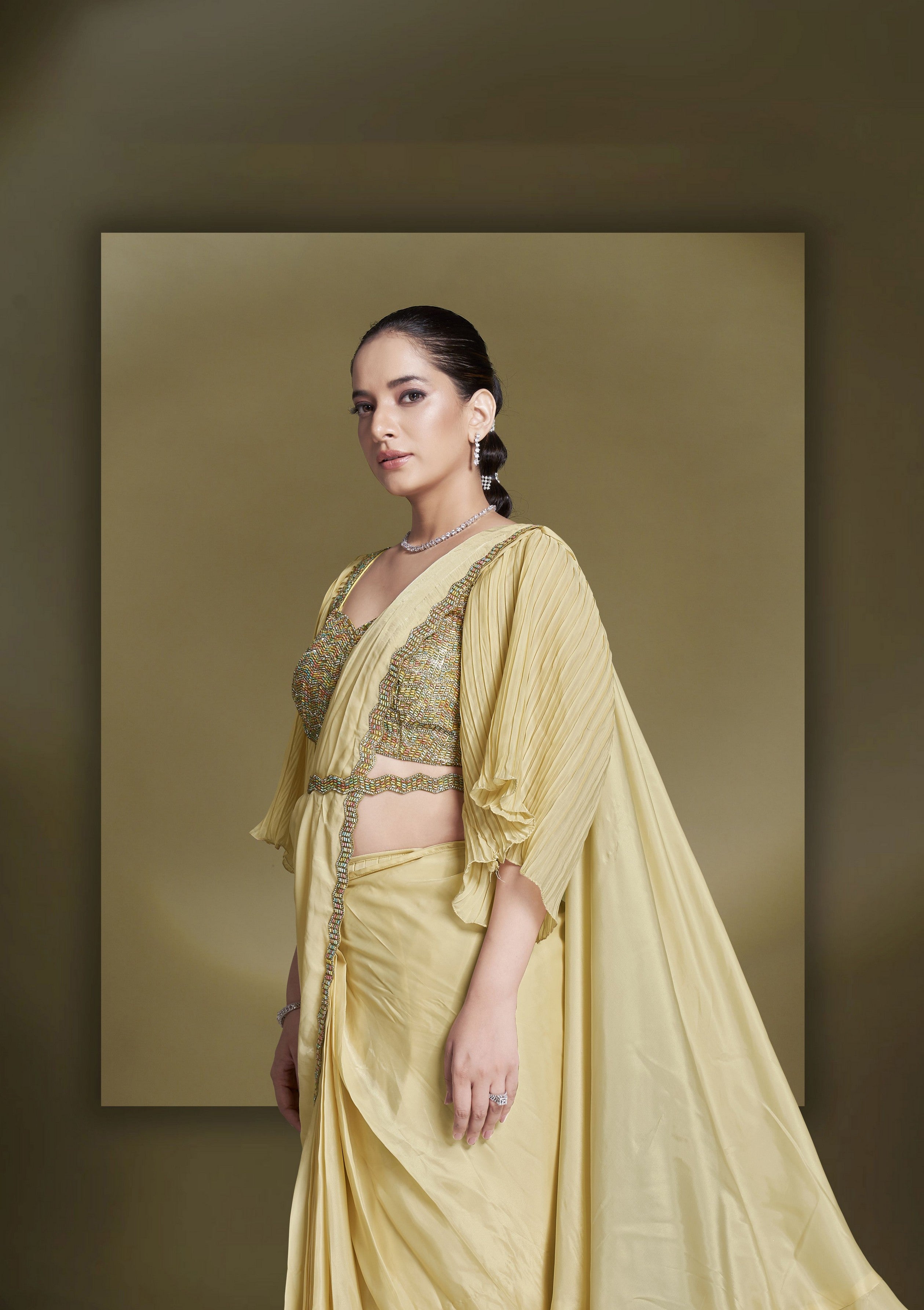 Heavy Partywear Crepe Satin Silk Sequins And Beads Aari Hand Work Ready To Wear Saree