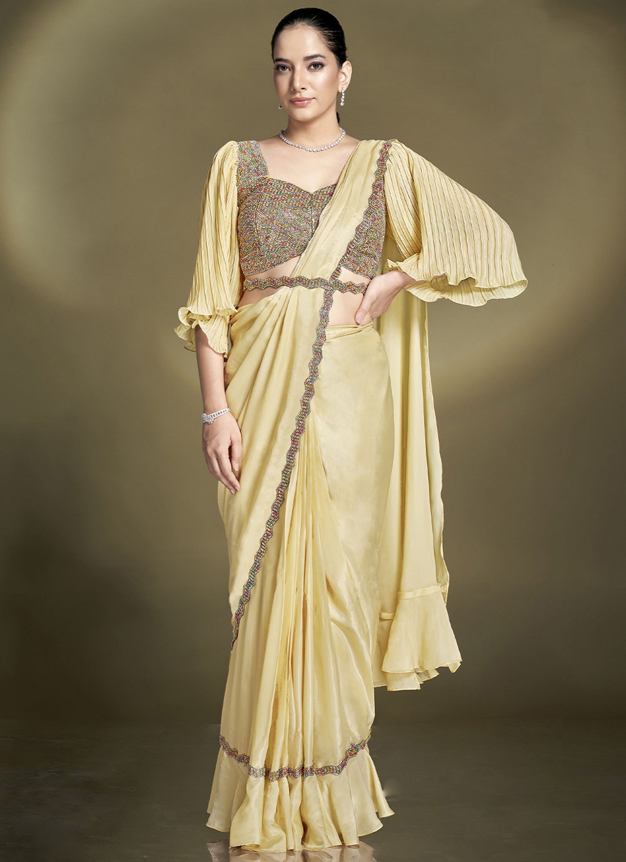 Heavy Partywear Crepe Satin Silk Sequins And Beads Aari Hand Work Ready To Wear Saree