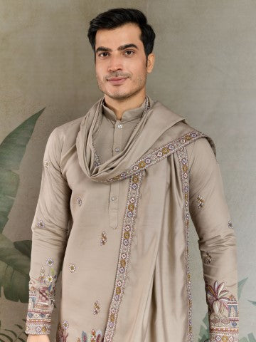 Heavy Stylish Viscose Silk Embroidered Ivory Kurta with Dupatta