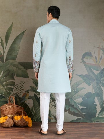 Heavy Stylish Viscose Silk Embroidered Sky Blue Kurta with Dupatta