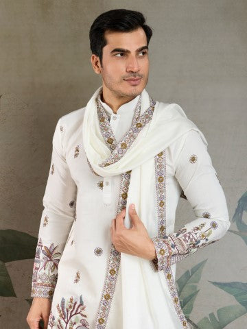 Heavy Stylish Viscose Silk Embroidered White Kurta with Dupatta