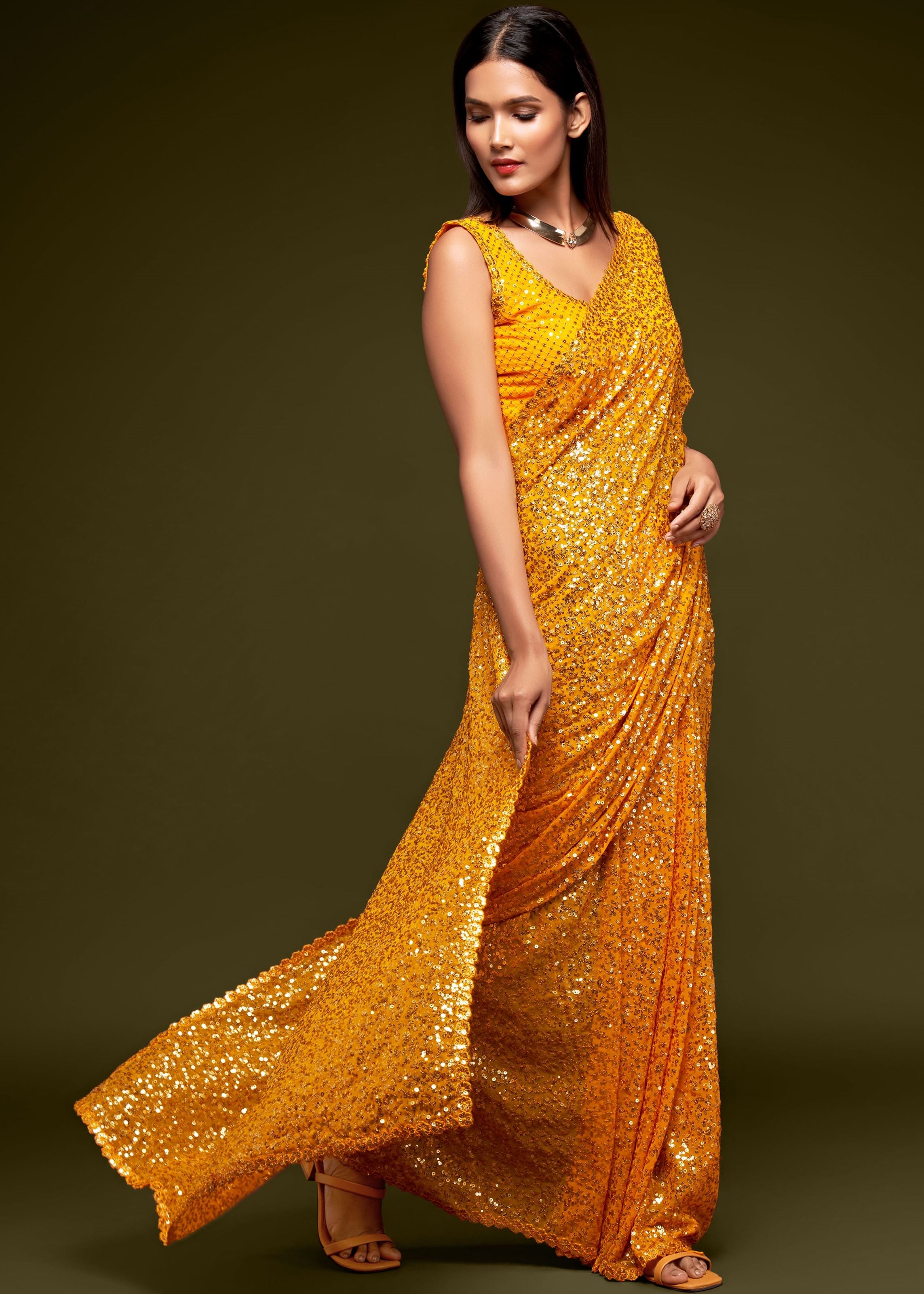 Honey Yellow Georgette Saree with Thread Embroidery and Sequins Work
