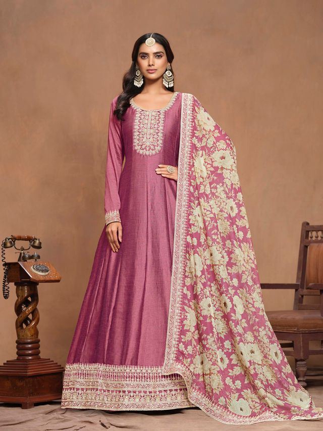 Hot Pink Anarkali Suit With Heavy Thread Embroidery Sequins Work With Printed Dupatta