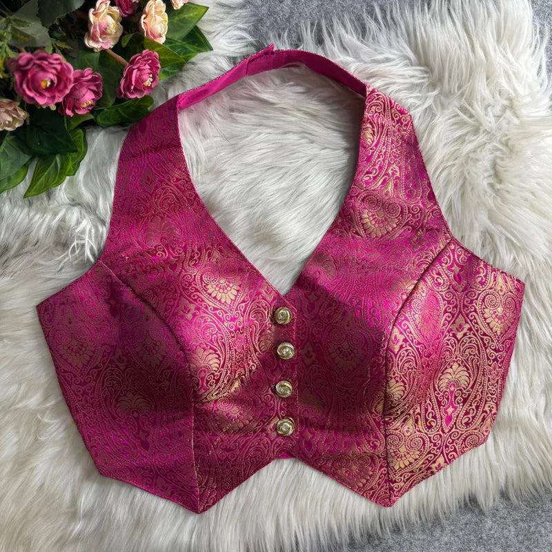 Hot Pink Banarasi Jacquard Silk Halter Neck Blouse with Embroidery & Sequins
