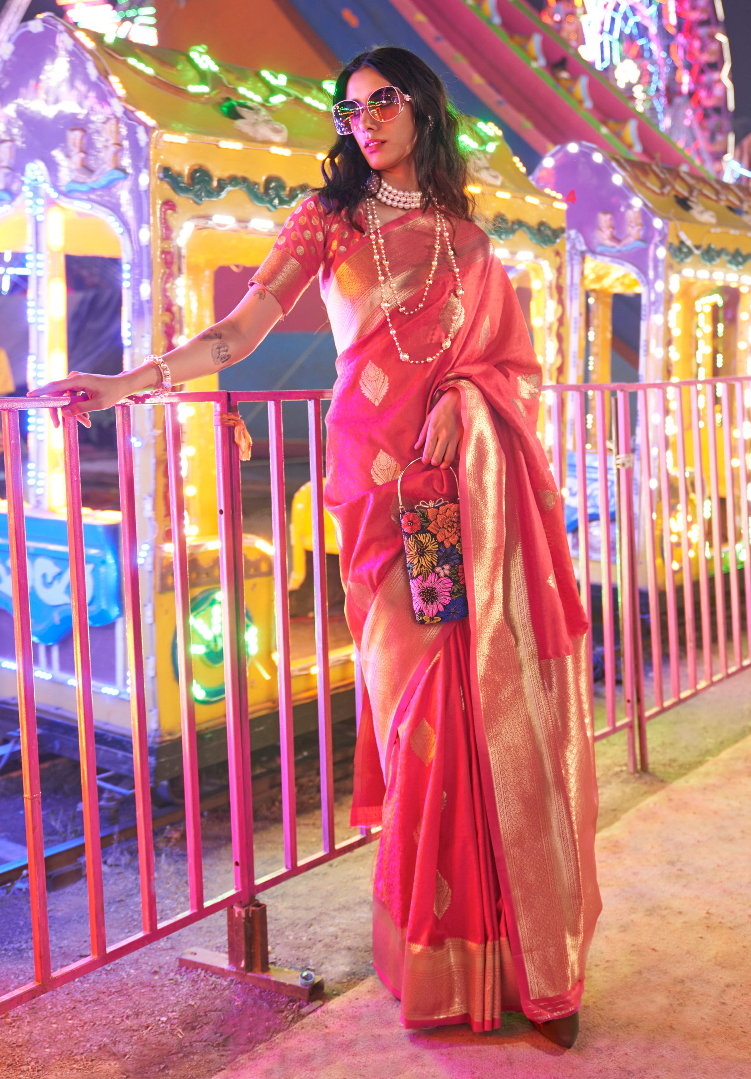 HotPink Banarasi Silk Saree With Jacquard Woven Work