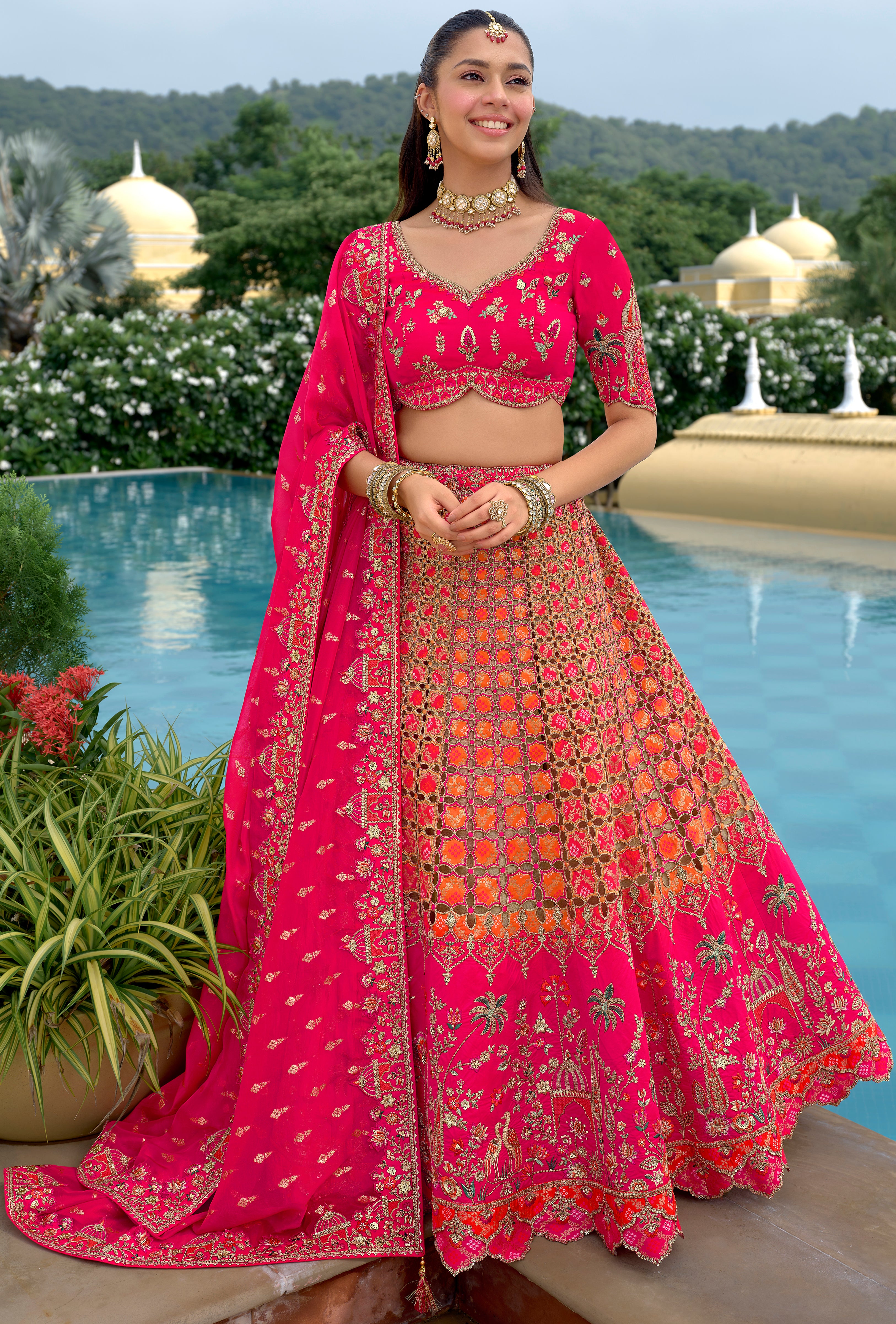Hot Pink Fancy Silk Lehenga Choli With Heavy Thread Embroidery, Stone, Sequence, Mirror and Cut Work Border