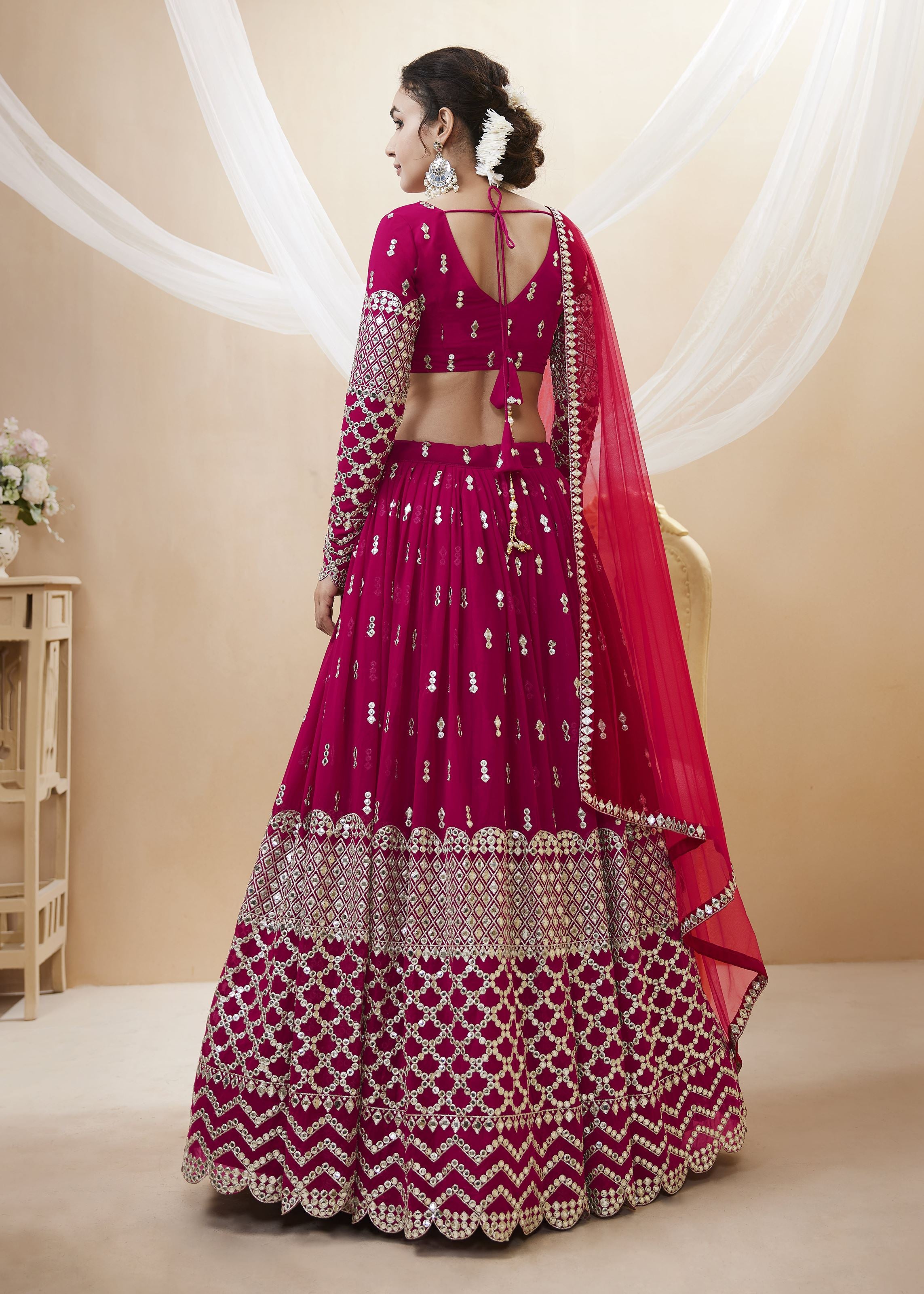 Hot Pink Georgette Lehenga Choli With Sequins Zari Embroidered Work