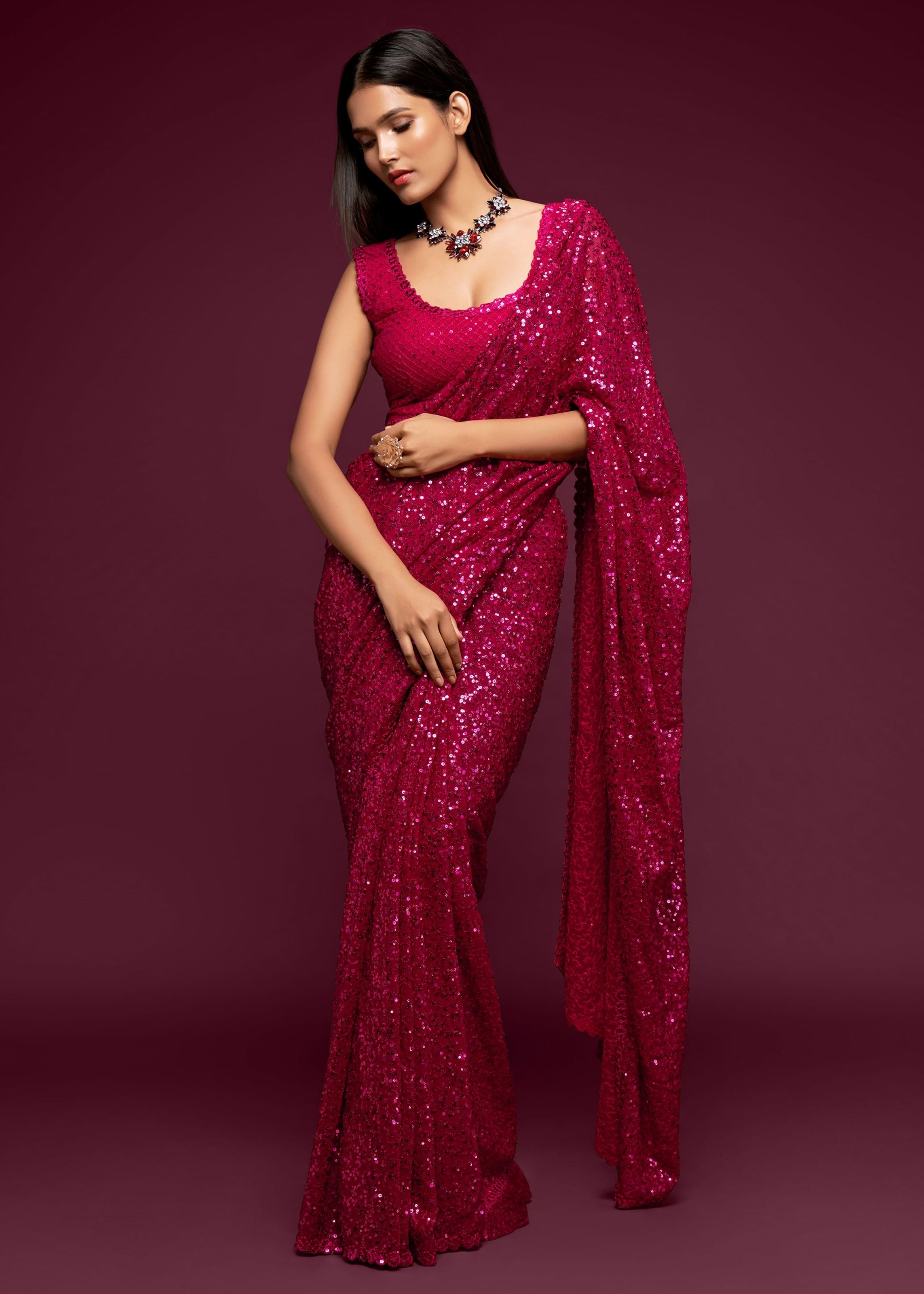 Hot Pink Georgette Saree with Thread Embroidery and Sequins Work