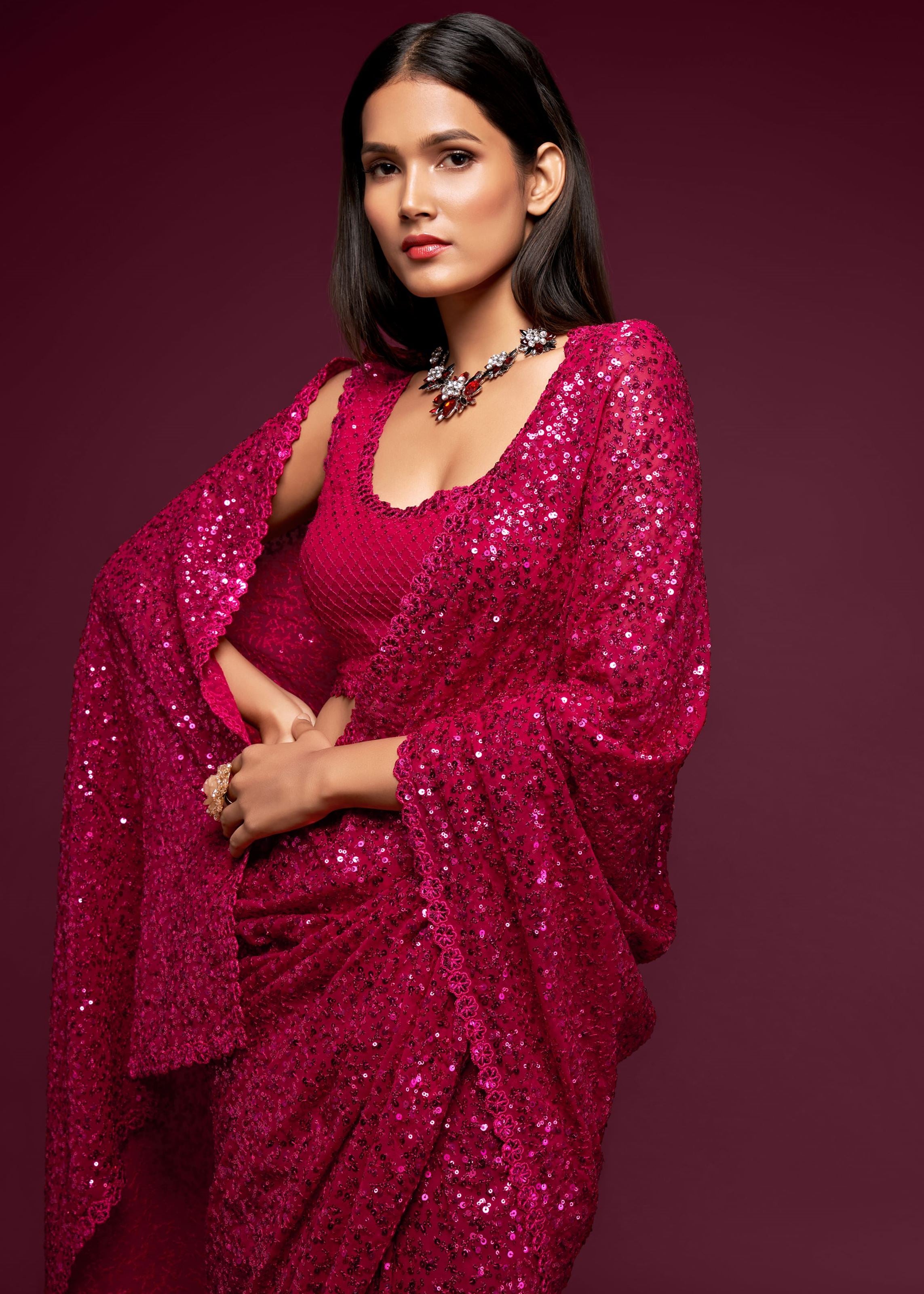 Hot Pink Georgette Saree with Thread Embroidery and Sequins Work
