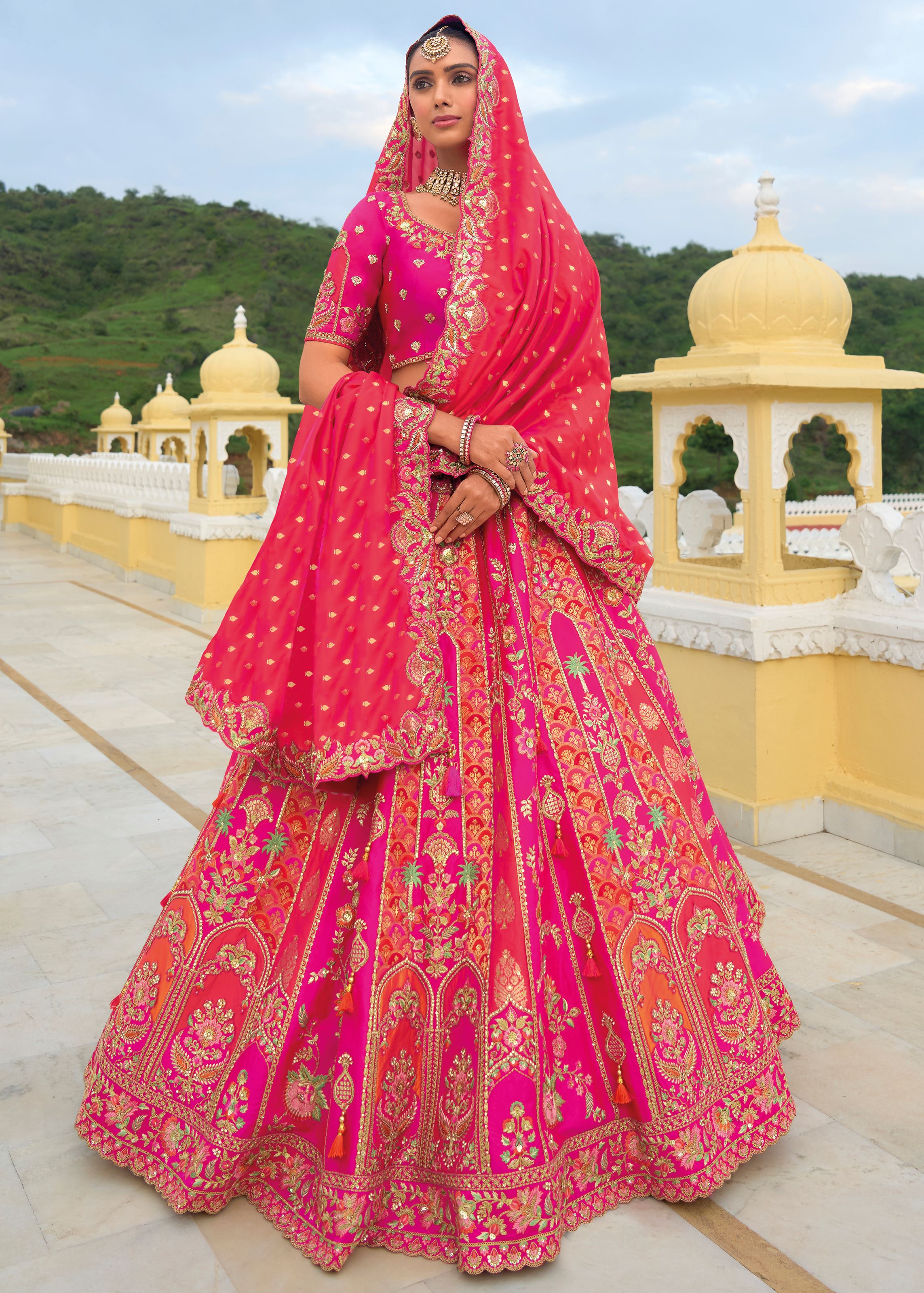 Hot Pink Lehenga Choli With Heavy Thread Embroidery, Khatli With Sequins Work