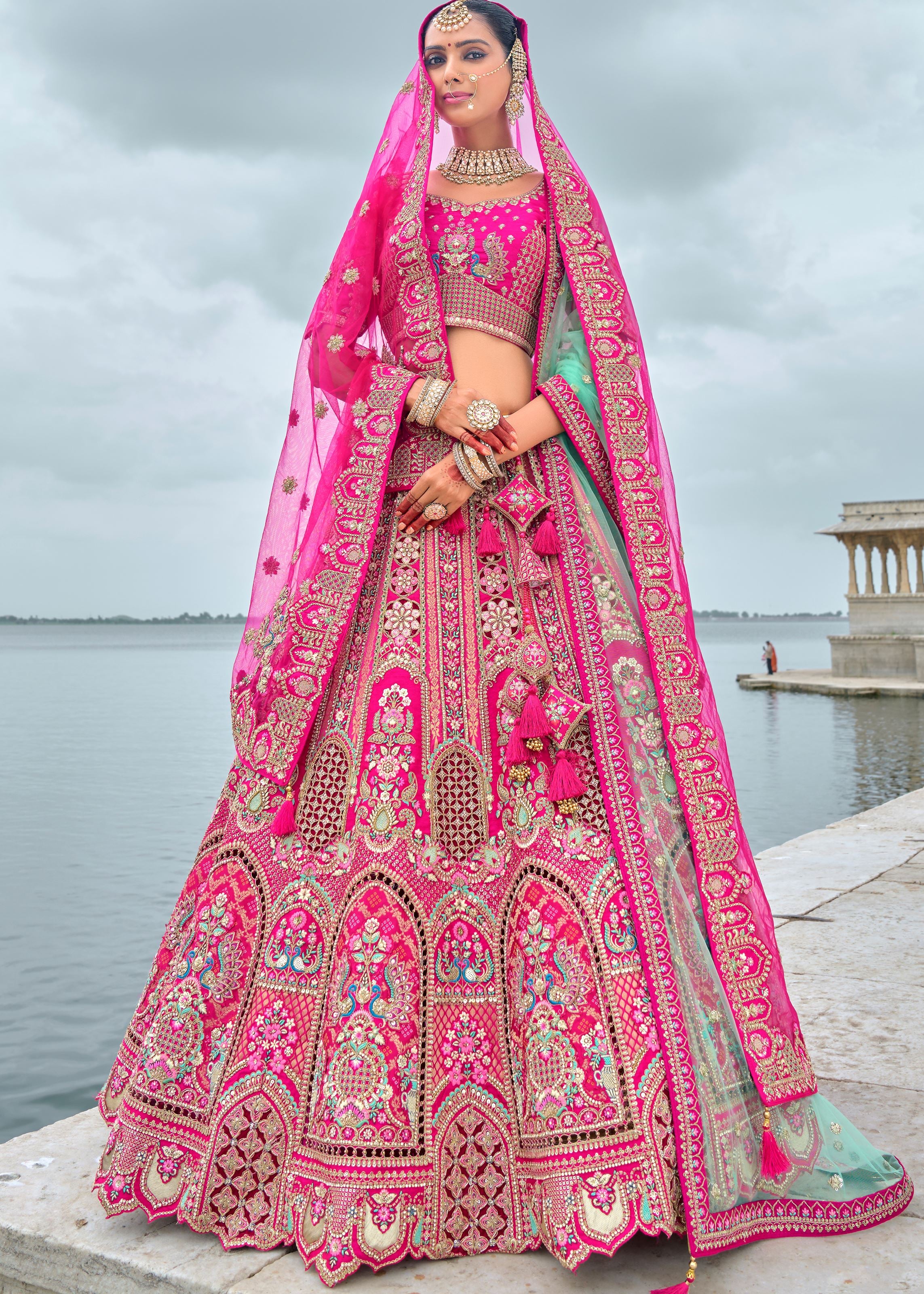 Hot Pink Lehenga Choli With Heavy Thread Embroidery, Zari With Sequins Work