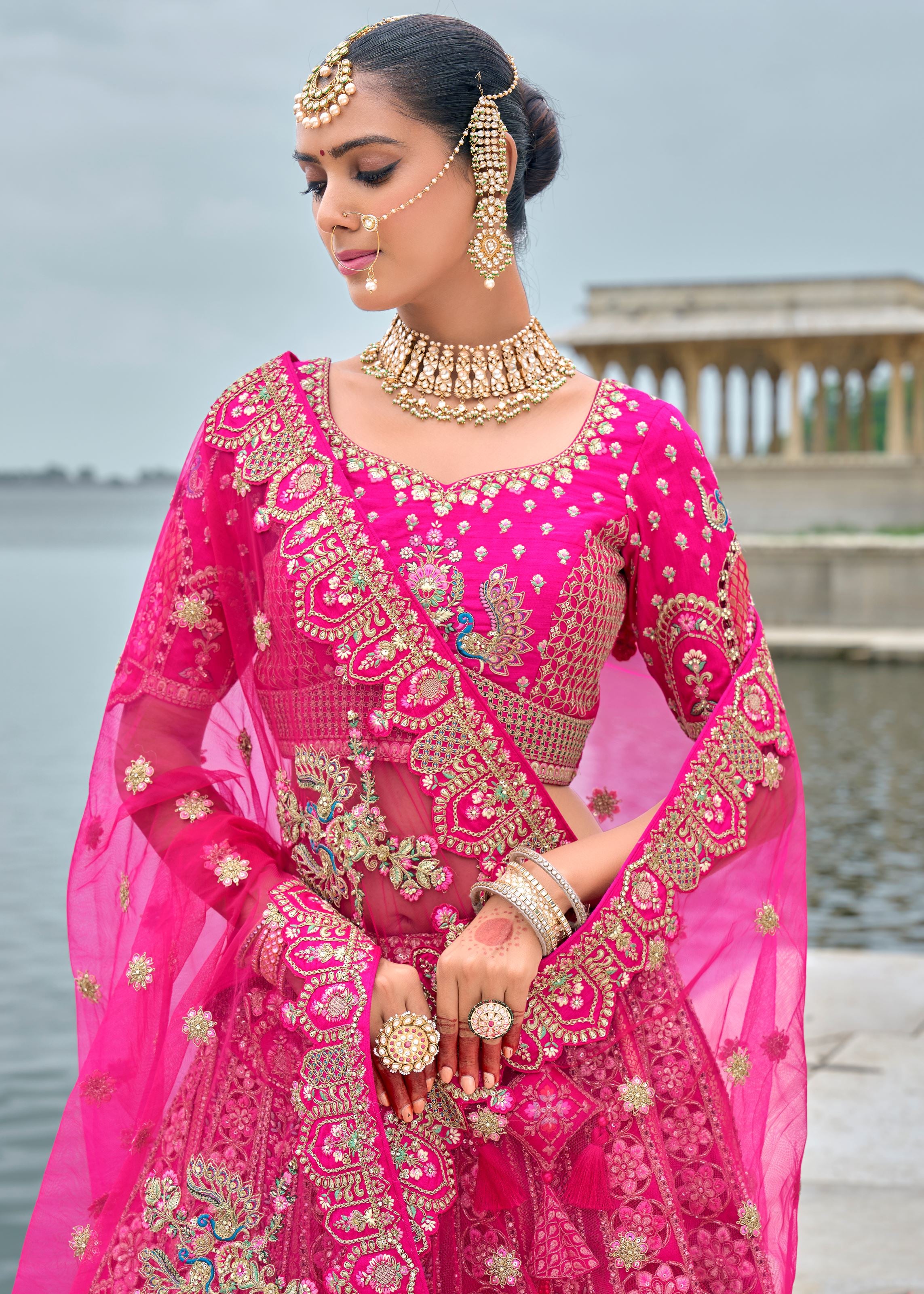 Hot Pink Lehenga Choli With Heavy Thread Embroidery, Zari With Sequins Work