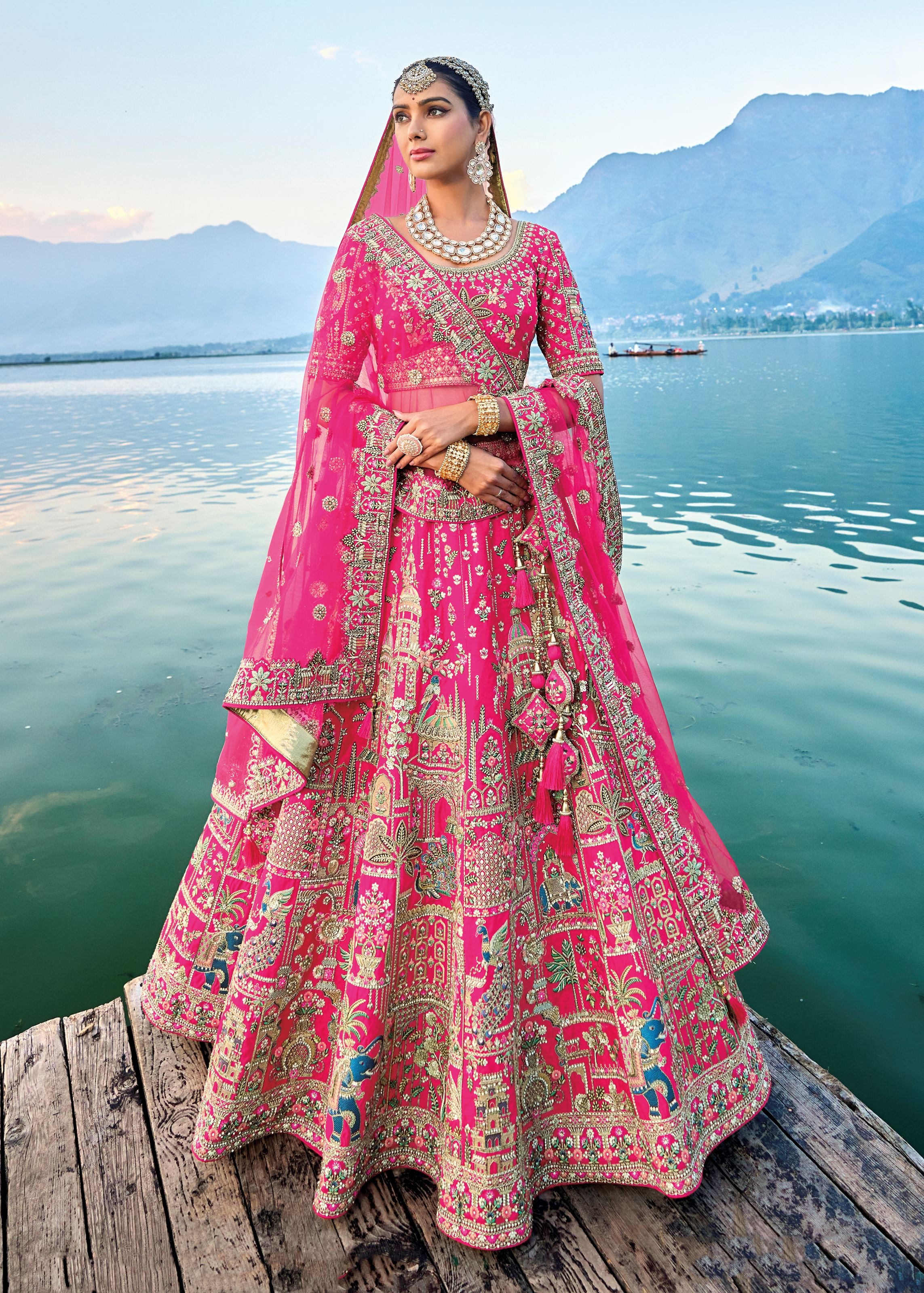 Hot Pink Lehenga Choli With Heavy Thread Embroidery, Zari With Sequins Work