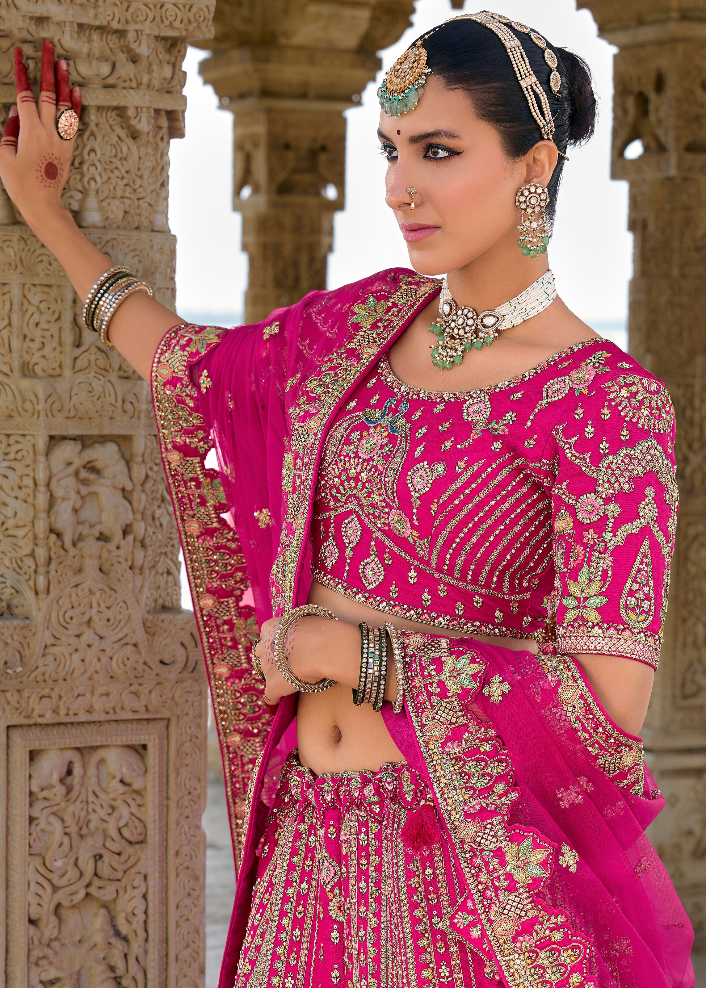 Hot Pink Lehenga Choli With Heavy Thread Embroidery, Zari With Sequins Work