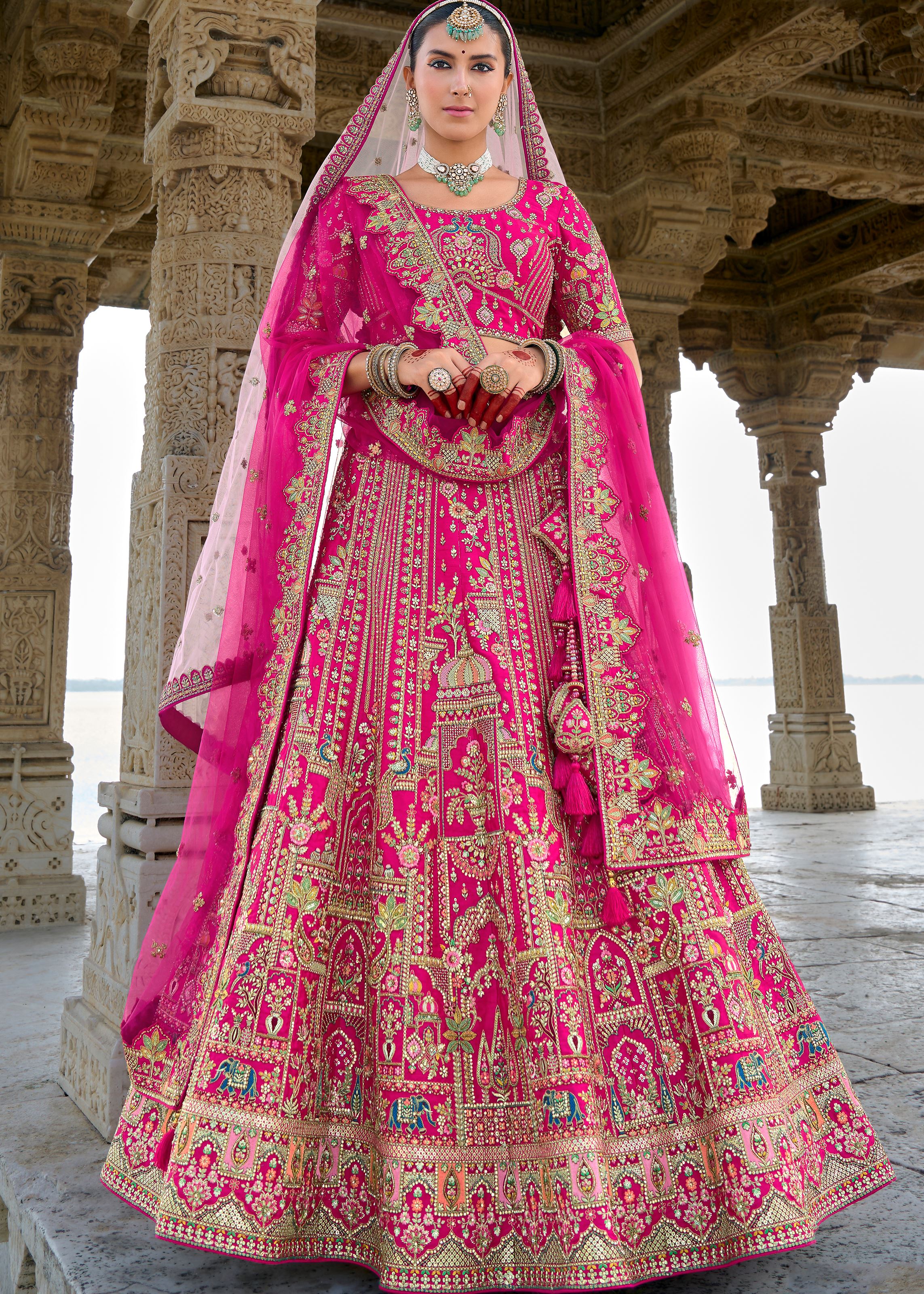 Hot Pink Lehenga Choli With Heavy Thread Embroidery, Zari With Sequins Work