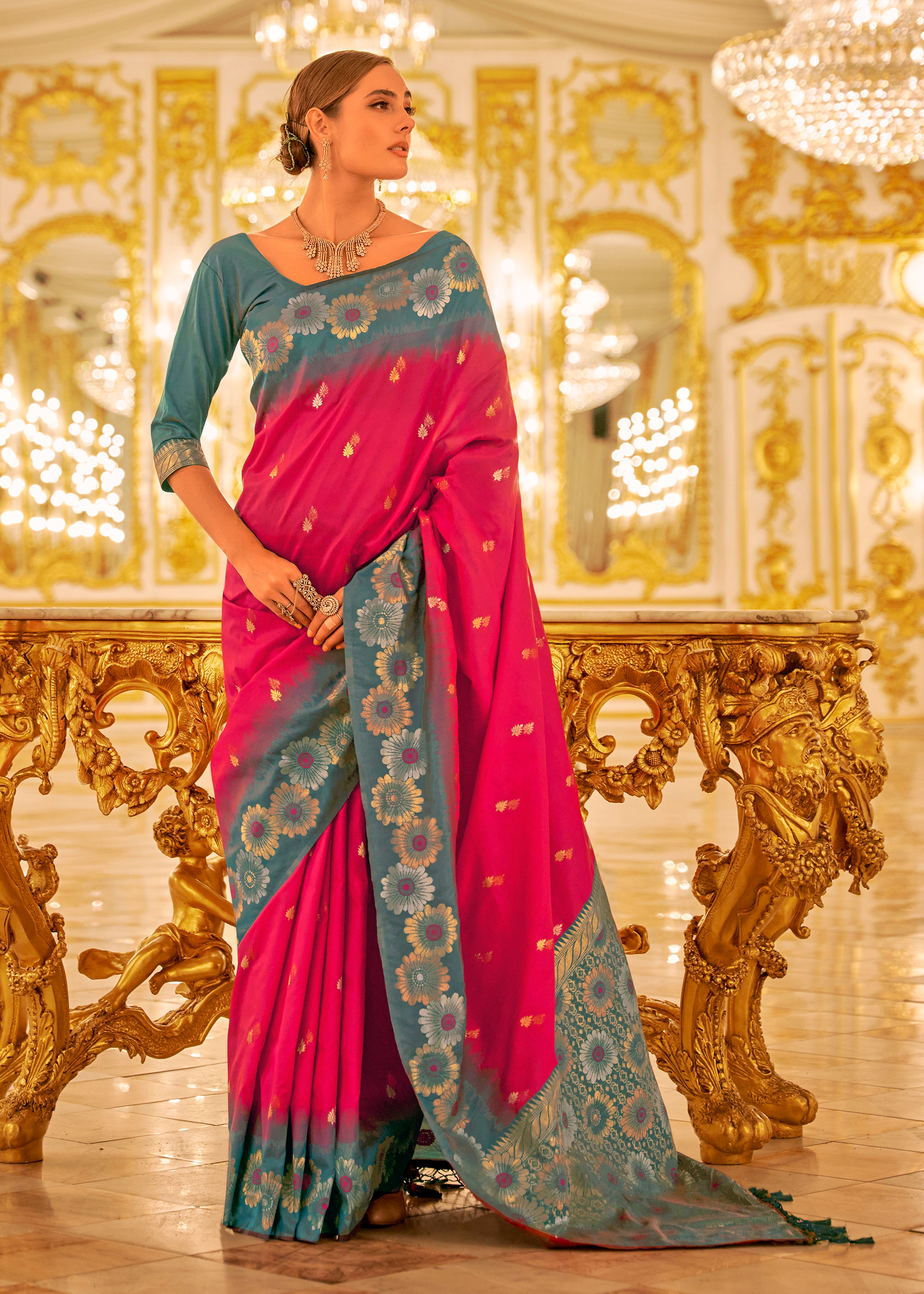HotPink Soft Silk Saree With Jacquard Woven Work