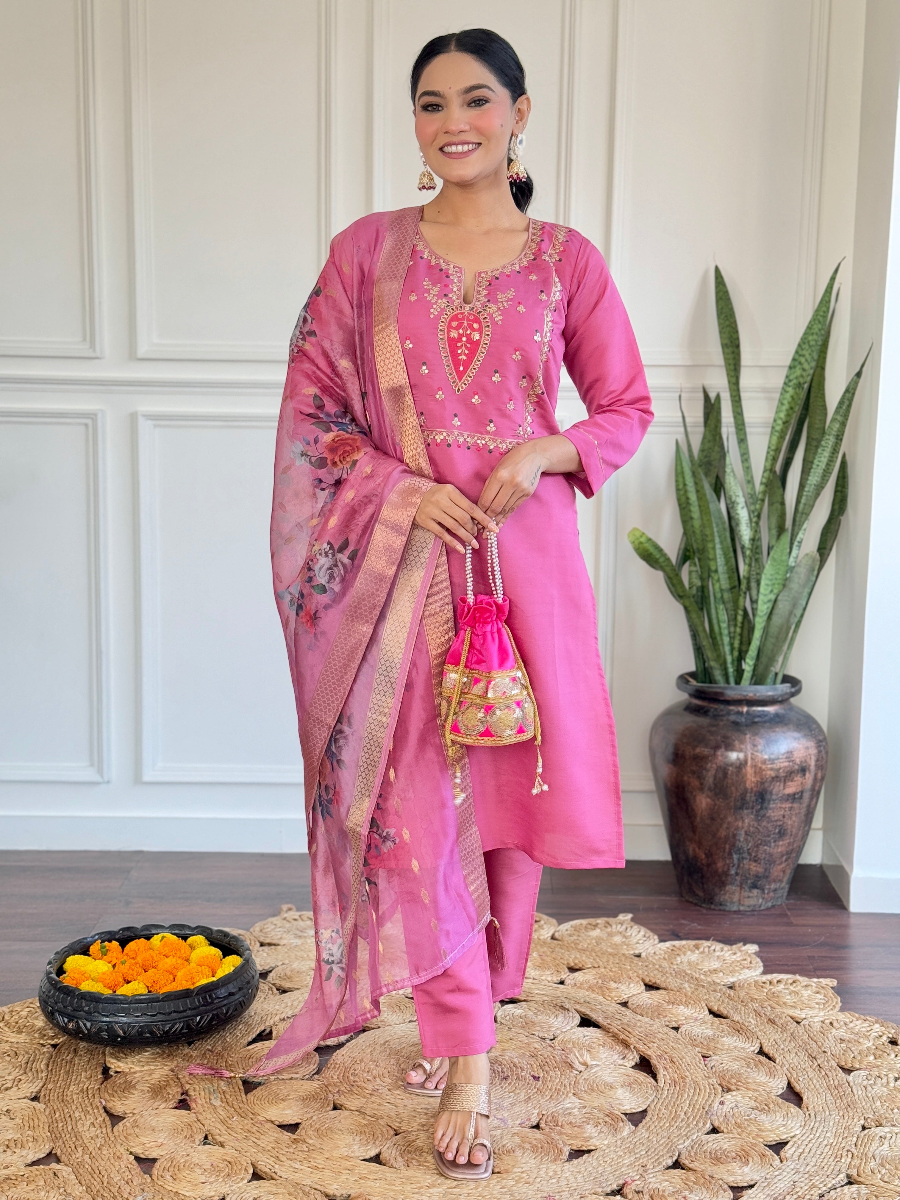 Hot Pink Viscose Chanderi Kurta Pant Set With Embroidery Work