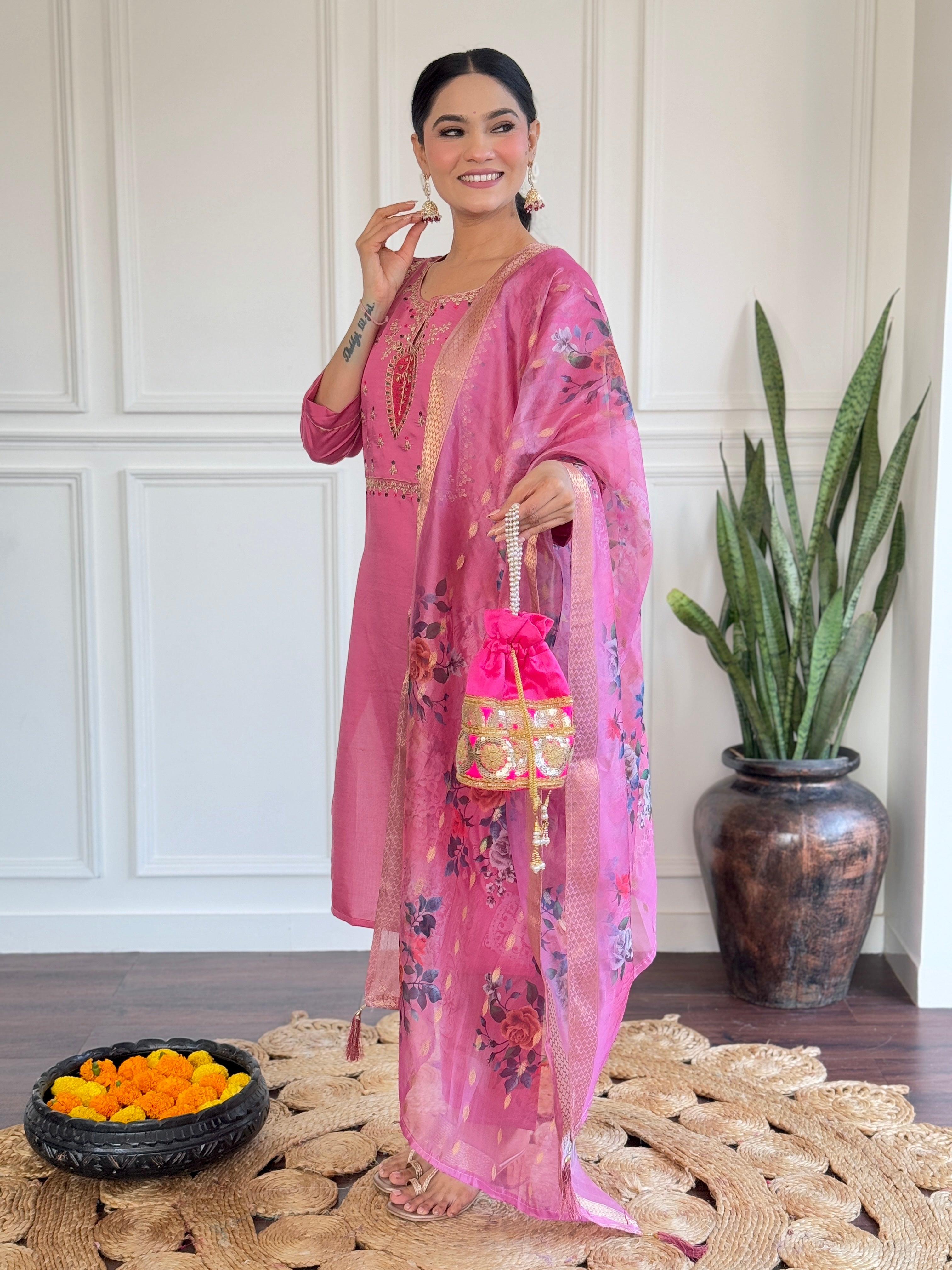 Hot Pink Viscose Chanderi Kurta Pant Set With Embroidery Work