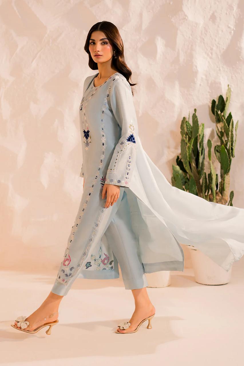 Ice Blue Chanderi Silk Kurta Pant Set With Heavy Thread Embroidery Work