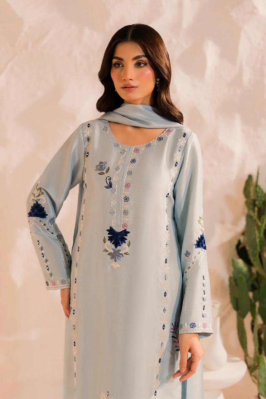 Ice Blue Chanderi Silk Kurta Pant Set With Heavy Thread Embroidery Work