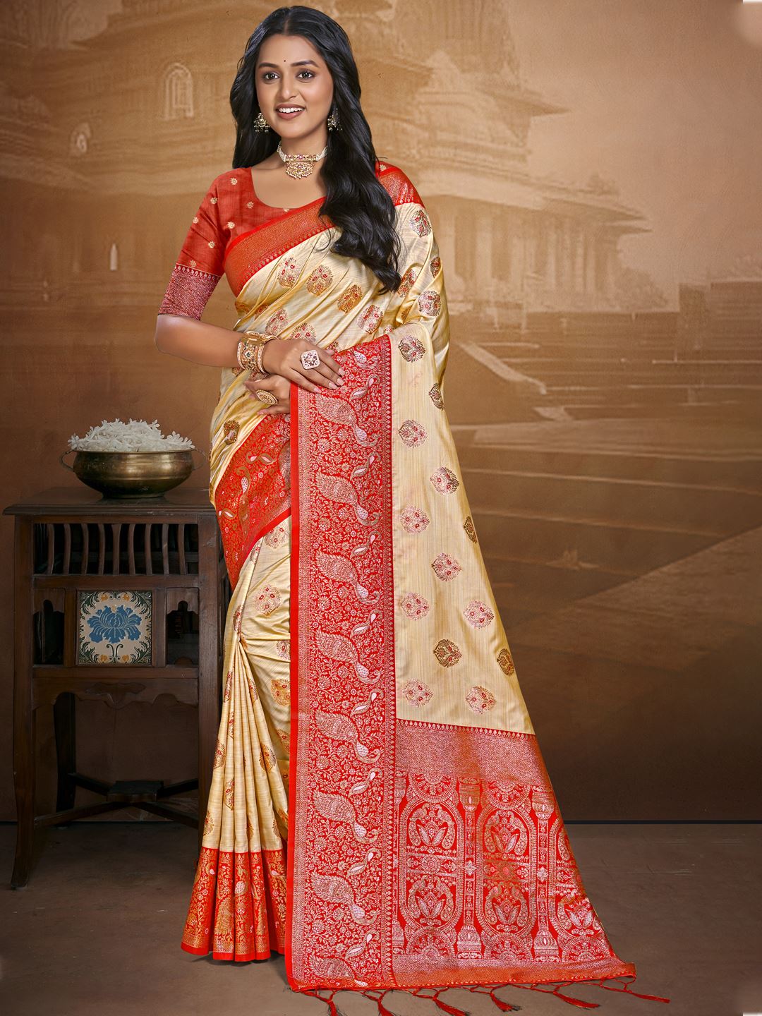 Ivory Beige and Sunset Orange Silk Saree
