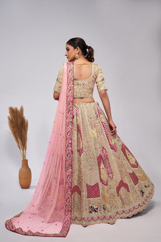 Ivory Orgenza Silk Intricate Paisley Motifs Traditional Embroidered Wedding Lehenga