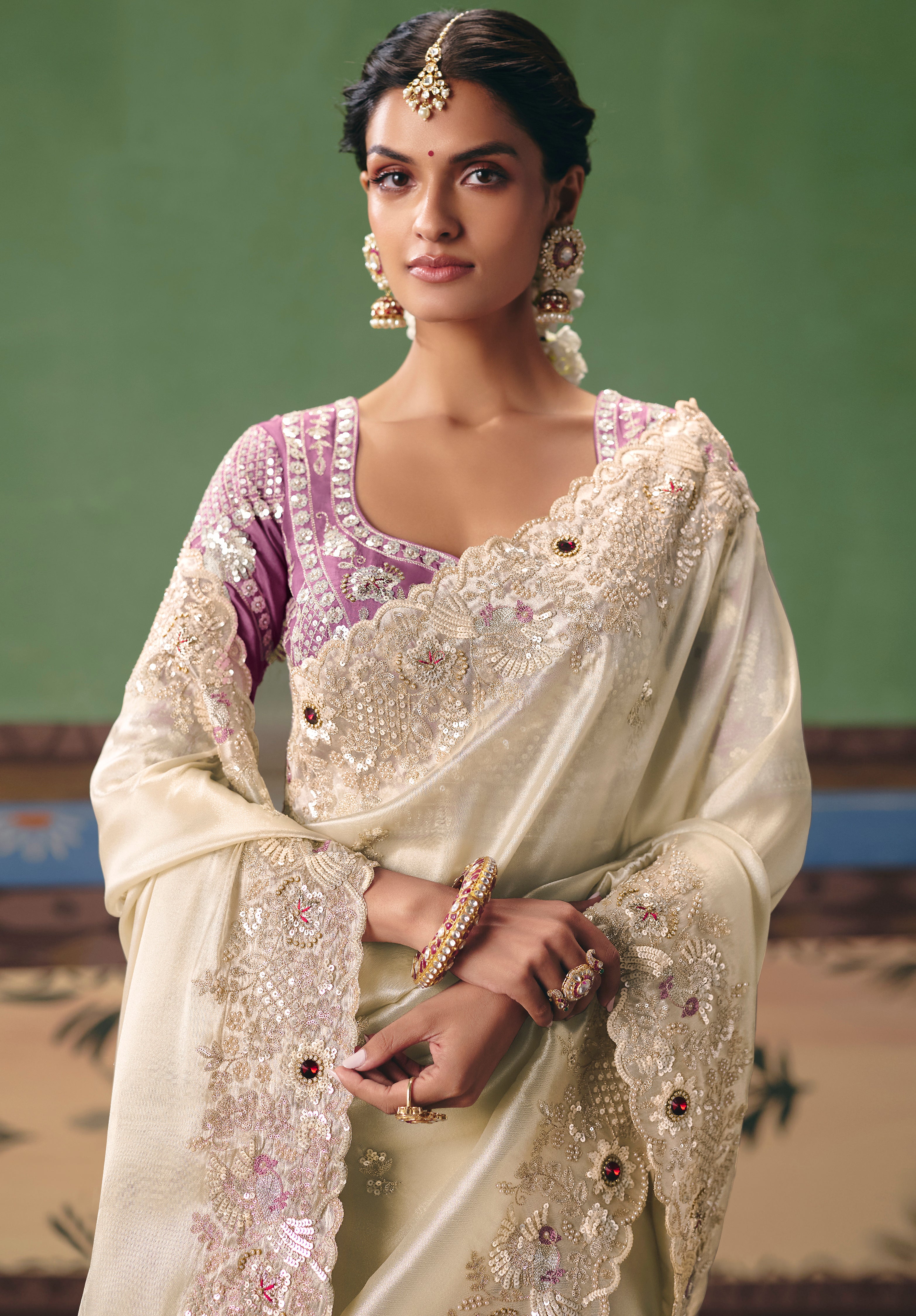 Ivory Saree With Heavy Designer Embroidery, Sequince, Stone, Pearl With Beads Work