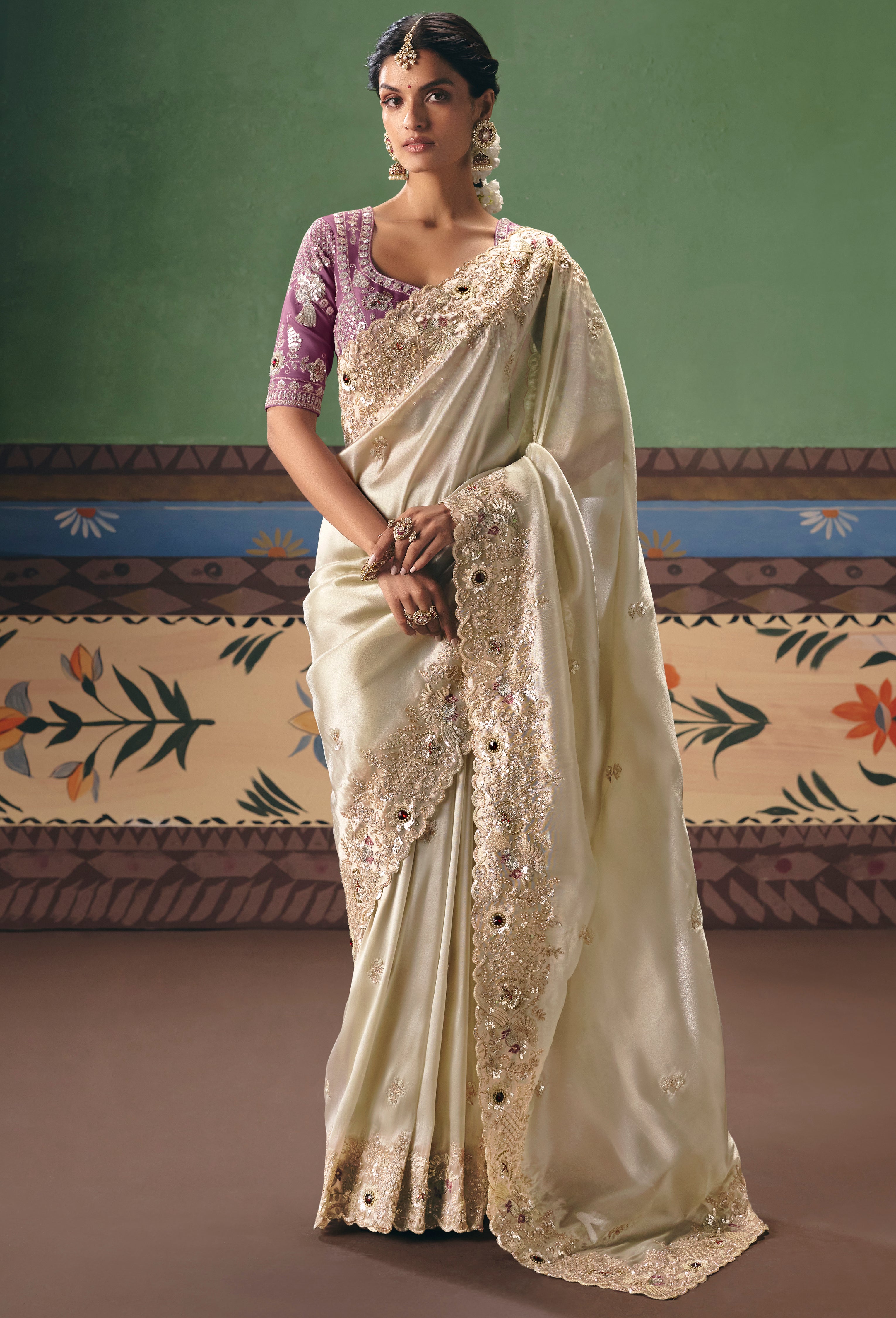 Ivory Saree With Heavy Designer Embroidery, Sequince, Stone, Pearl With Beads Work