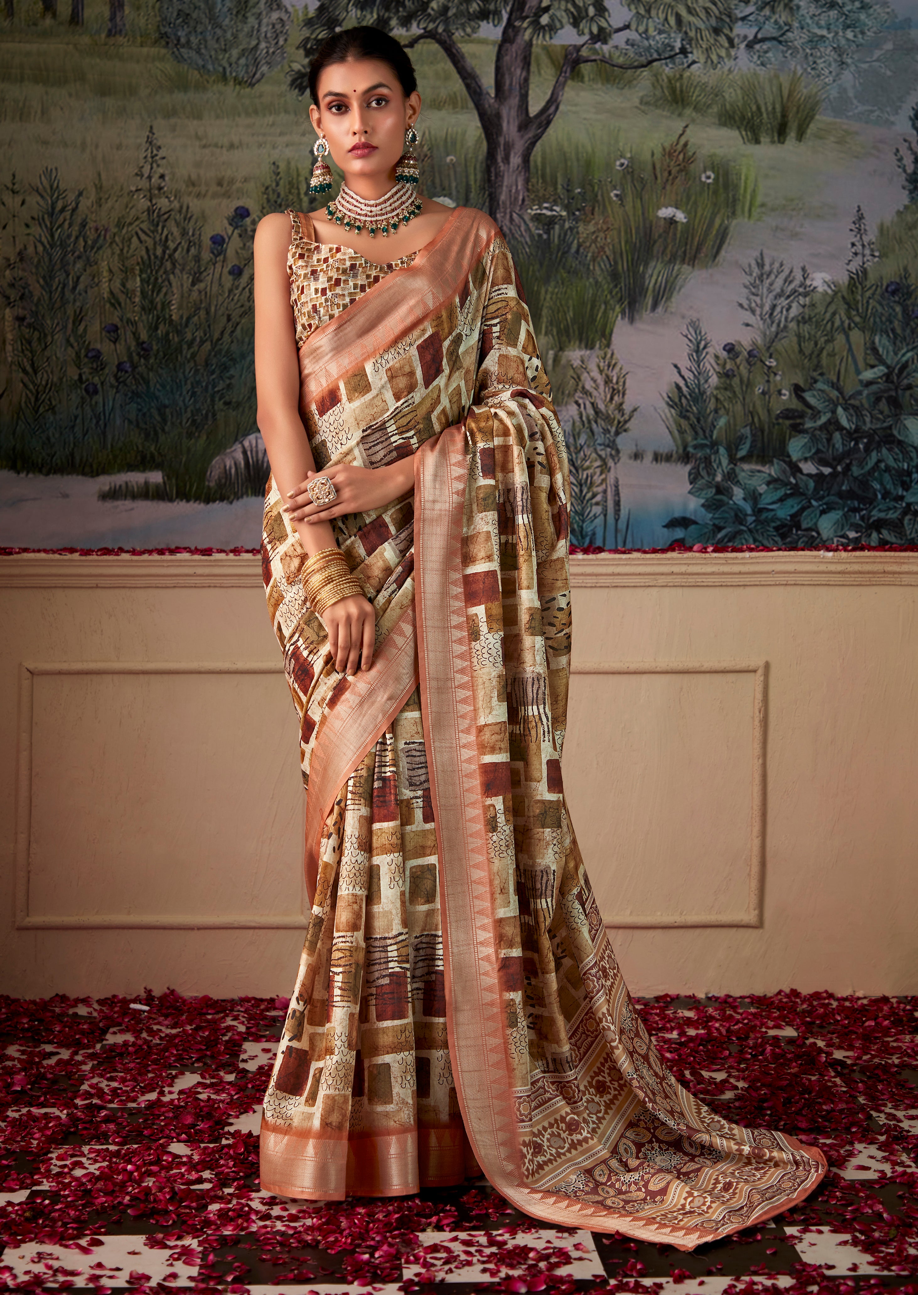 Ivory Tusser Silk Saree With Jacquard Woven with Digital Print