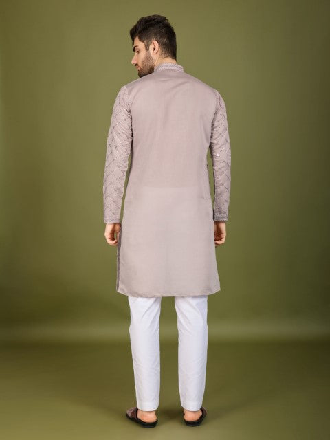 Ivory Viscose Silk Thread & Sequins Embroidery Kurta with Dupatta