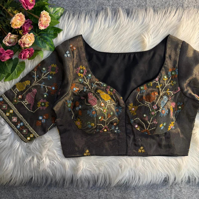 Jet Black Bird Motif Mirror Work Blouse Cosmos Silk Designer Partywear