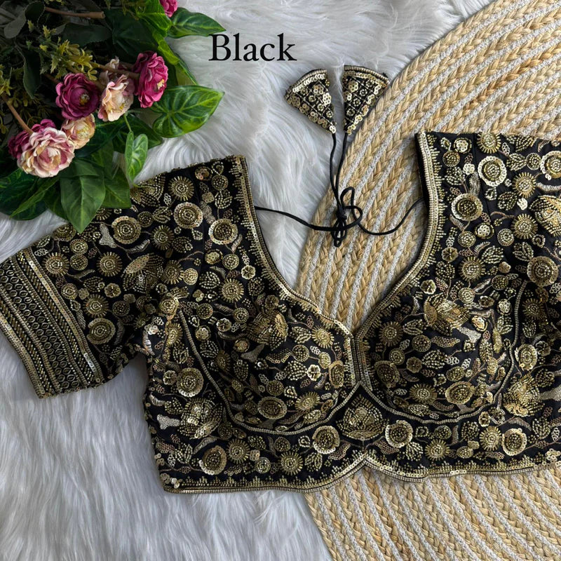 Jet Black Luxury Heavy Beads Bridal Blouse Roman Silk Designer Wedding Wear