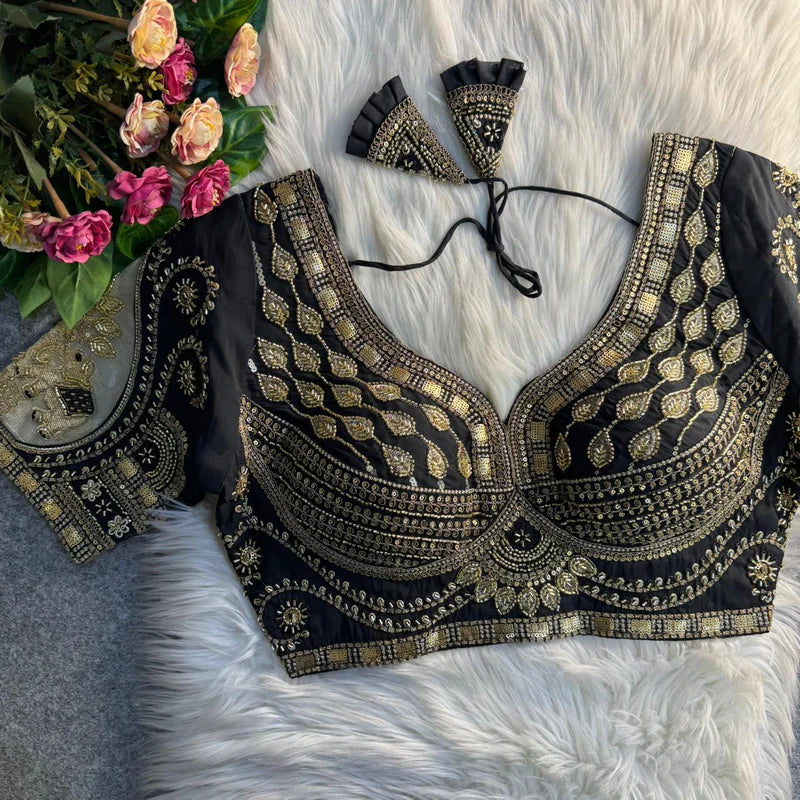 Jet Black Royal Elephant Patch Work Bridal Blouse Roman Silk Heavy Beads & Sequins Designer Wear