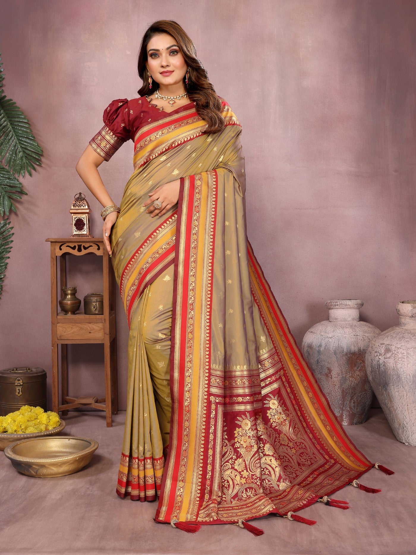 Khaki Kalamkari Silk Saree With Traditional Weaving