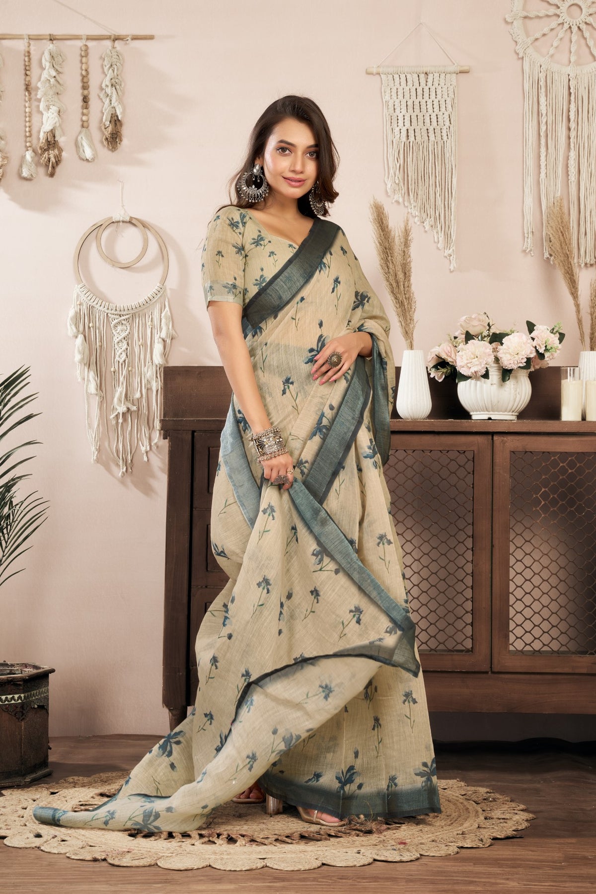 Khaki Linen Ready To Wear Saree With Zari Border Printed