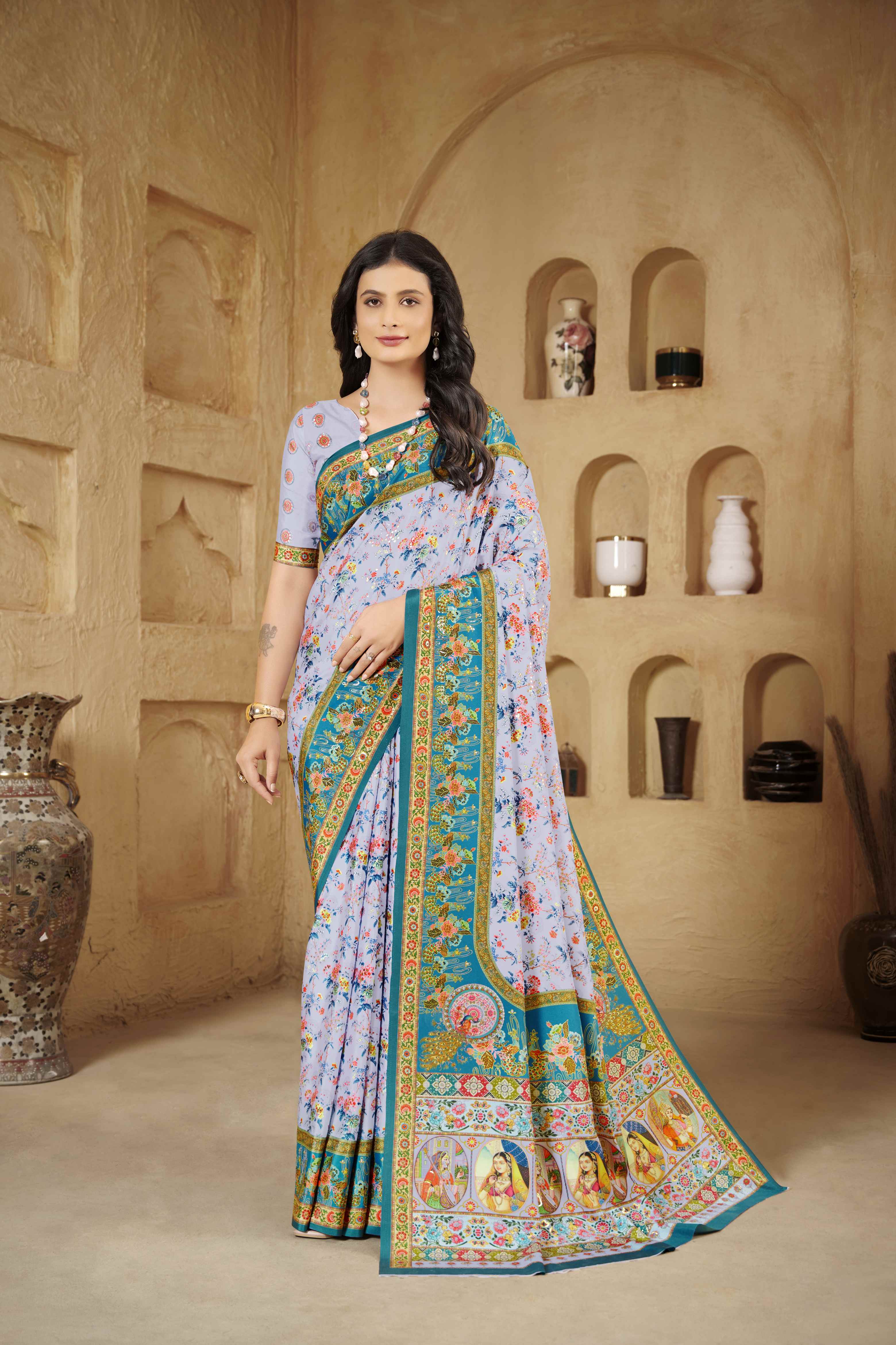 Lailac Beautiful Designer Position Digital Foil Printed Crepe Silk Designer Partywear Saree