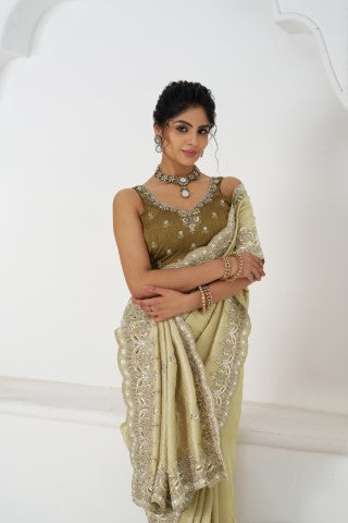 Latest Chiku Champagne Pure Dola Viscouse Silk Saree With Sequins And Beads Embroidery