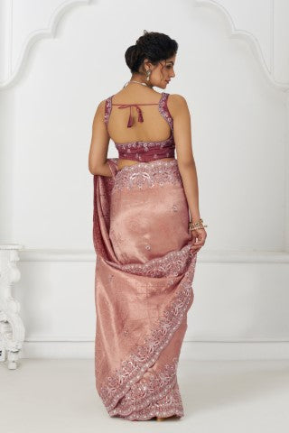 Latest Pink Pure Dola Viscouse Silk Saree With Sequins And Beads Embroidery For Brides