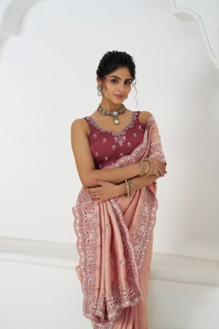 Latest Pink Pure Dola Viscouse Silk Saree With Sequins And Beads Embroidery For Brides