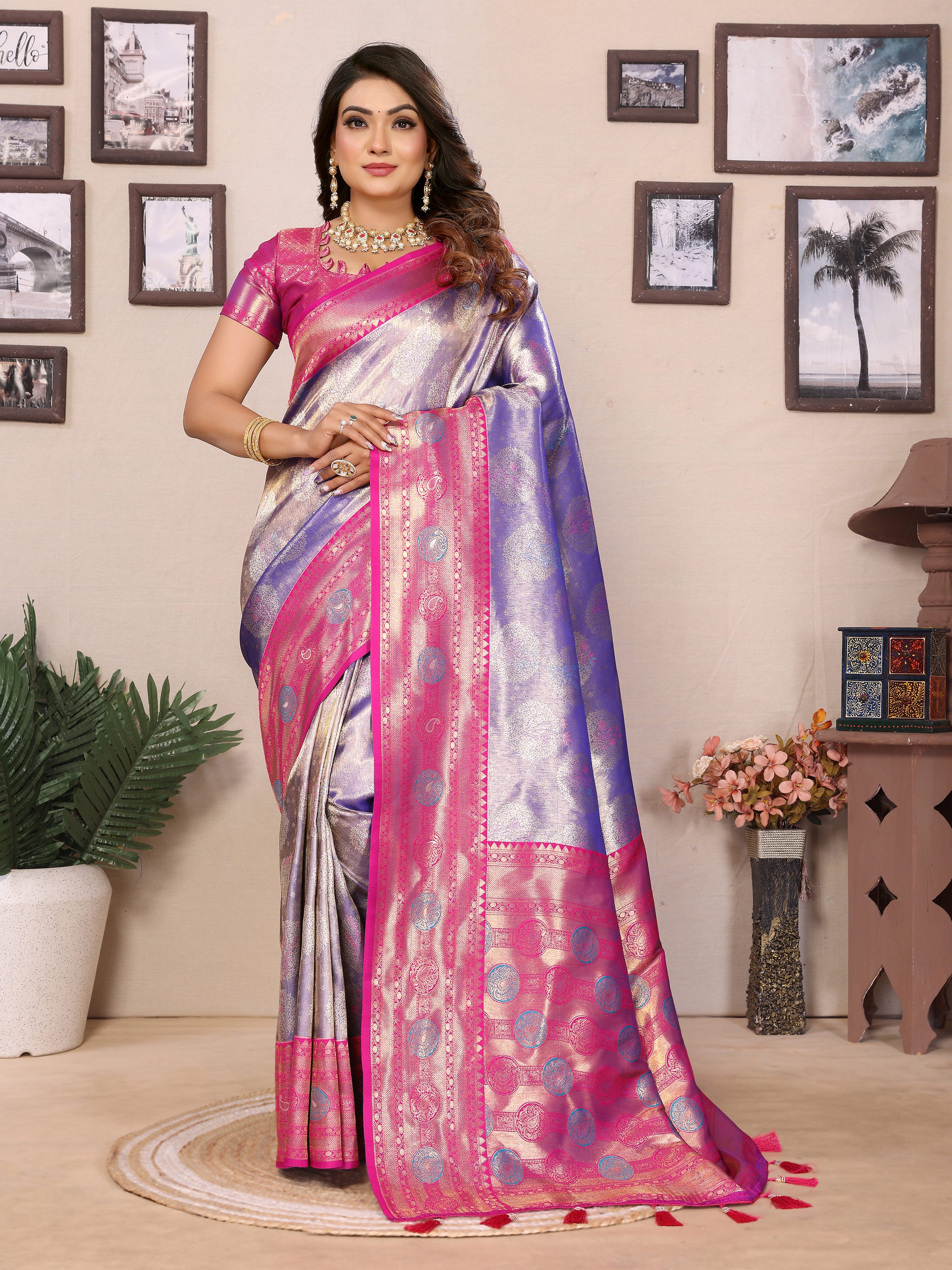 Lavender Banarasi Tissue Silk Saree With Woven Paithani Designer