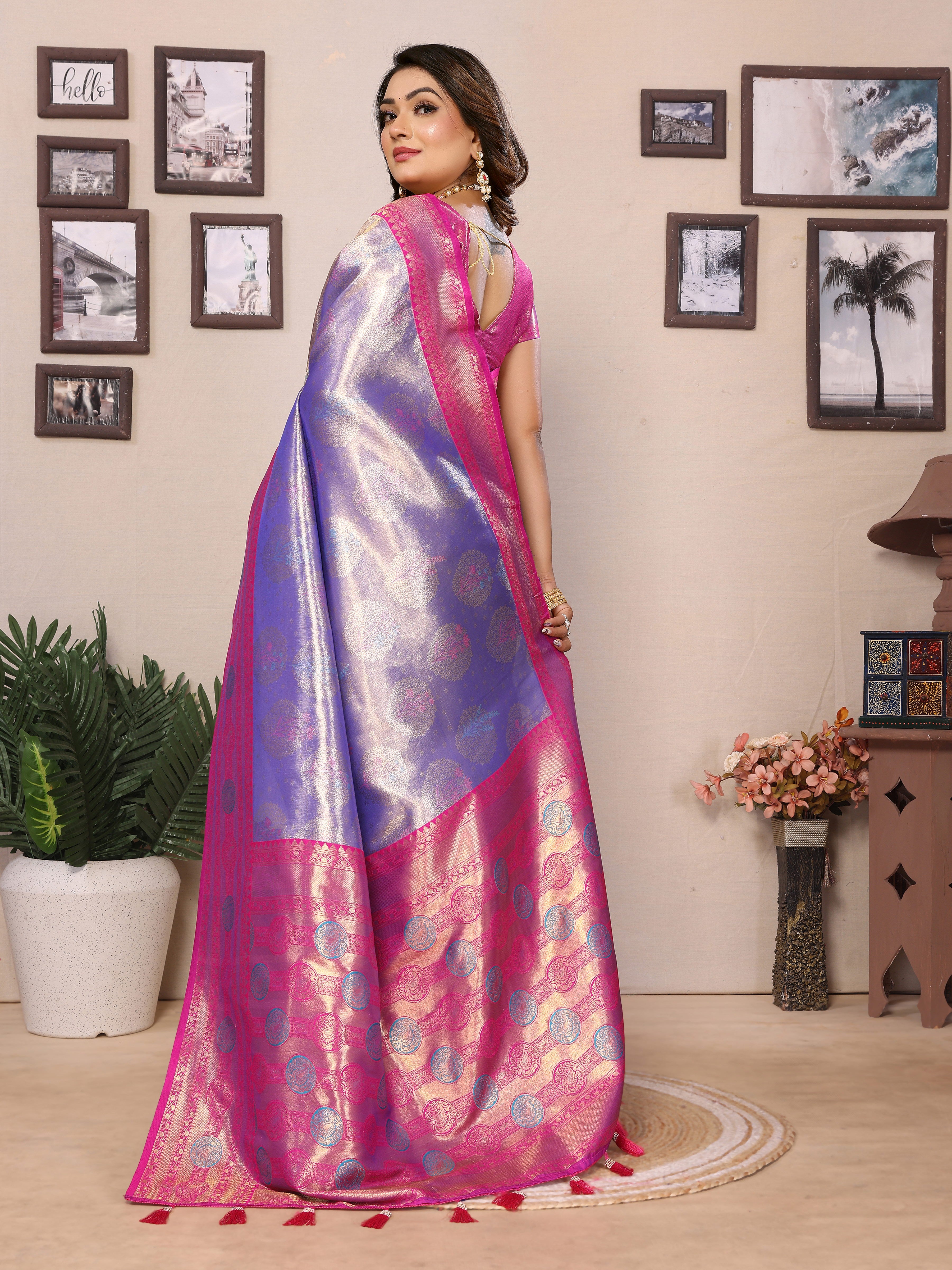 Lavender Banarasi Tissue Silk Saree With Woven Paithani Designer